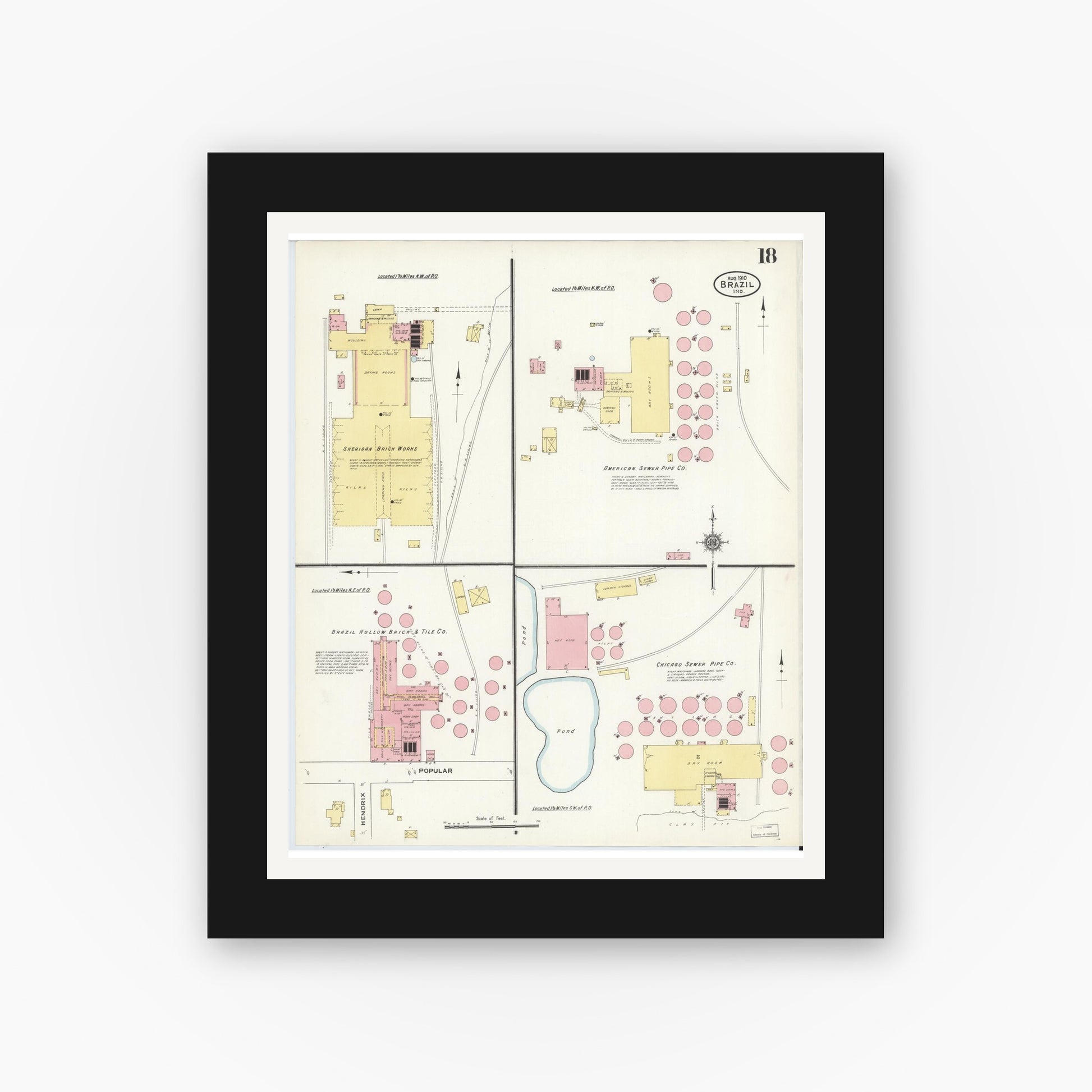 Old map wall art mockup — black gallery frame with white mat — Sanborn Fire Insurance Map from Brazil, Clay County, Indiana (1910), Sheet #0018