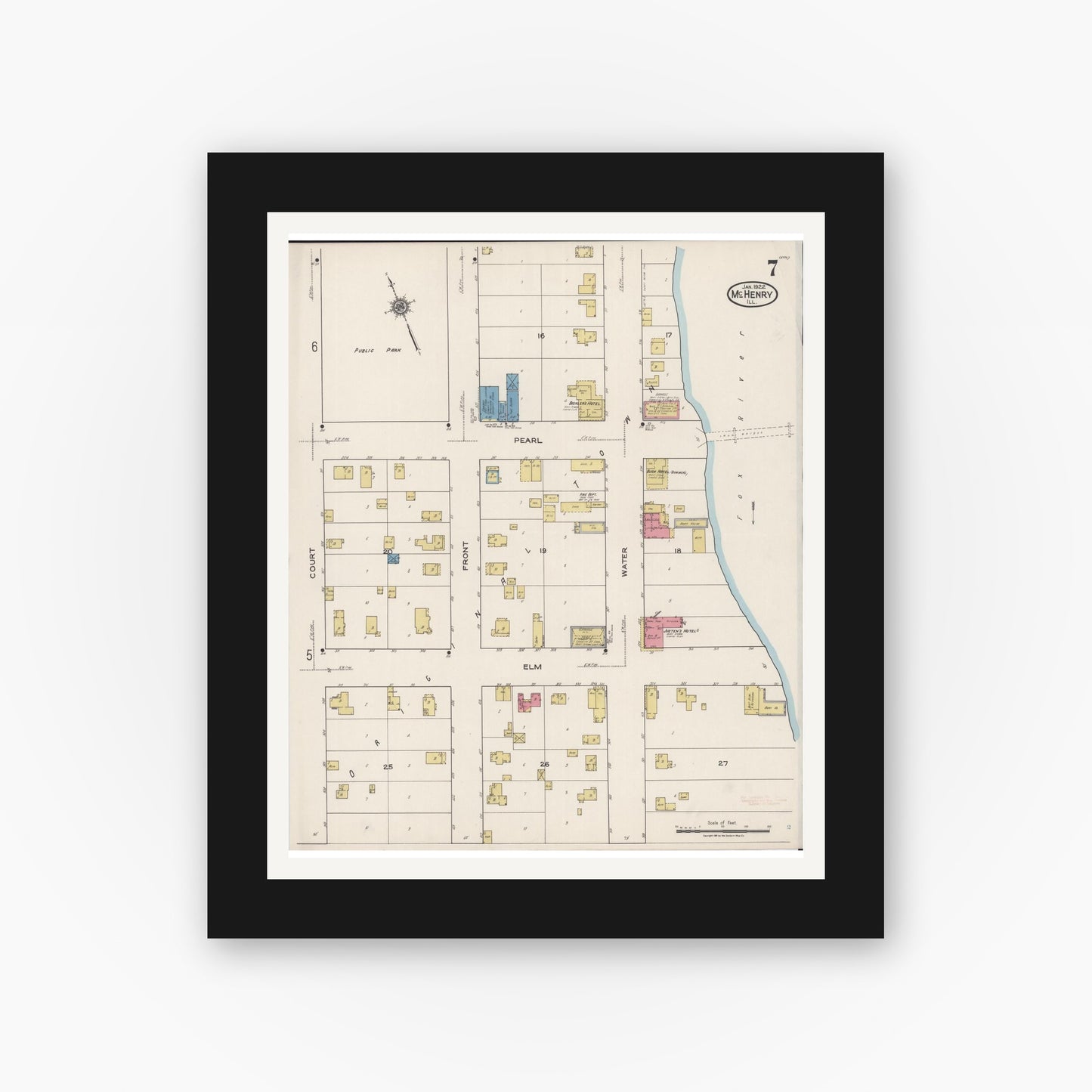 Old map wall art mockup — black gallery frame with white mat — Sanborn Fire Insurance Map from McHenry, McHenry County, Illinois (1922), Sheet #0007