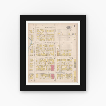Old map wall art mockup — black gallery frame with white mat — Sanborn Fire Insurance Map from Virginia, Saint Louis County, Minnesota (1921), Sheet #0005