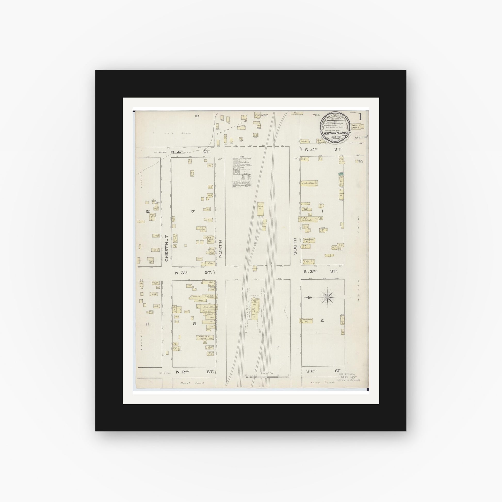 Old map wall art mockup — black gallery frame with white mat — Sanborn Fire Insurance Map from Northern Pacific Junction, Carlton County, Minnesota (1885) - Complete Map Set