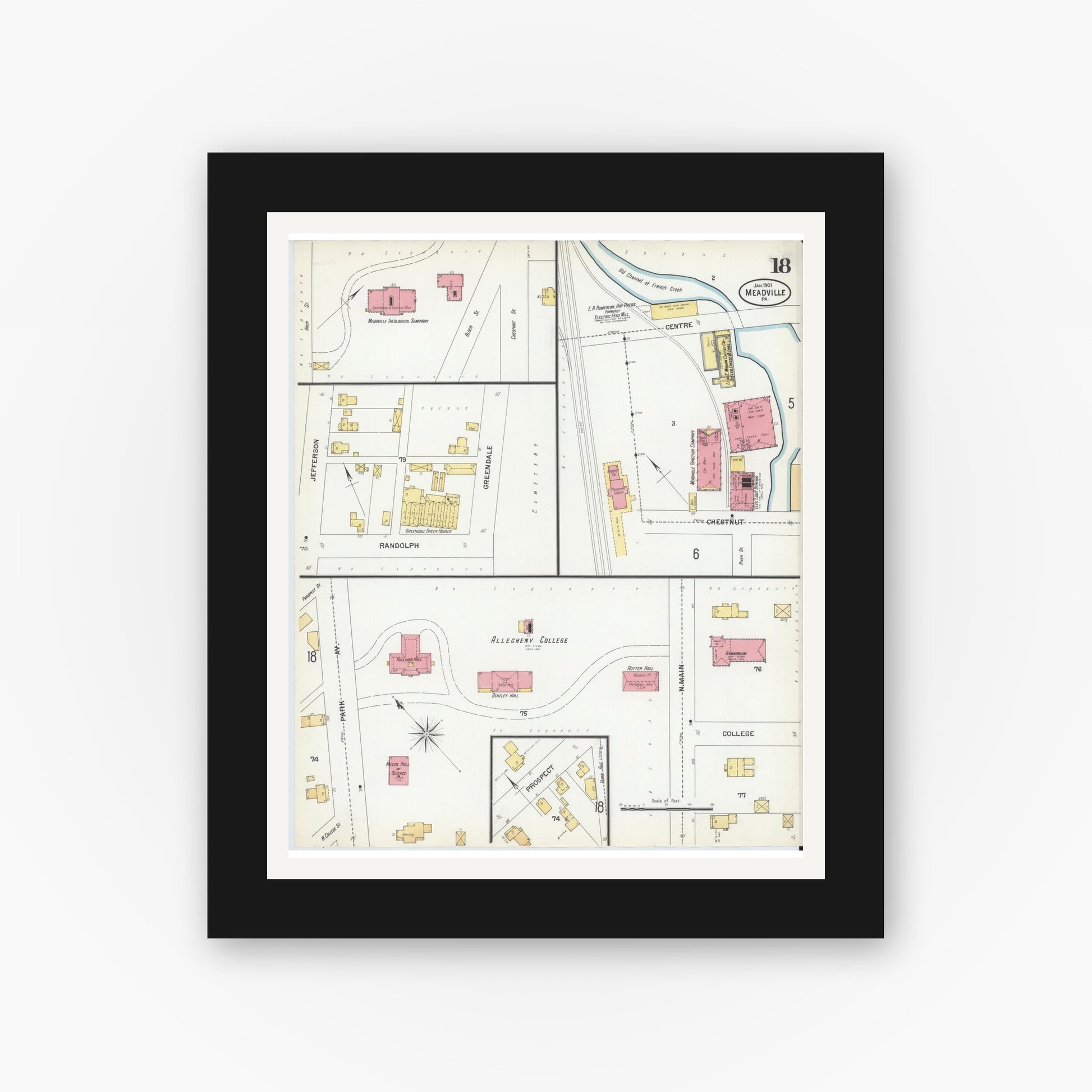 Old map wall art mockup — black gallery frame with white mat — Sanborn Fire Insurance Map from Meadville, Crawford County, Pennsylvania (1901), Sheet #0018