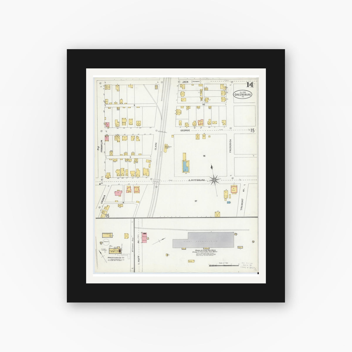 Old map wall art mockup — black gallery frame with white mat — Sanborn Fire Insurance Map from Greensburg, Westmoreland County, Pennsylvania (1903), Sheet #0014