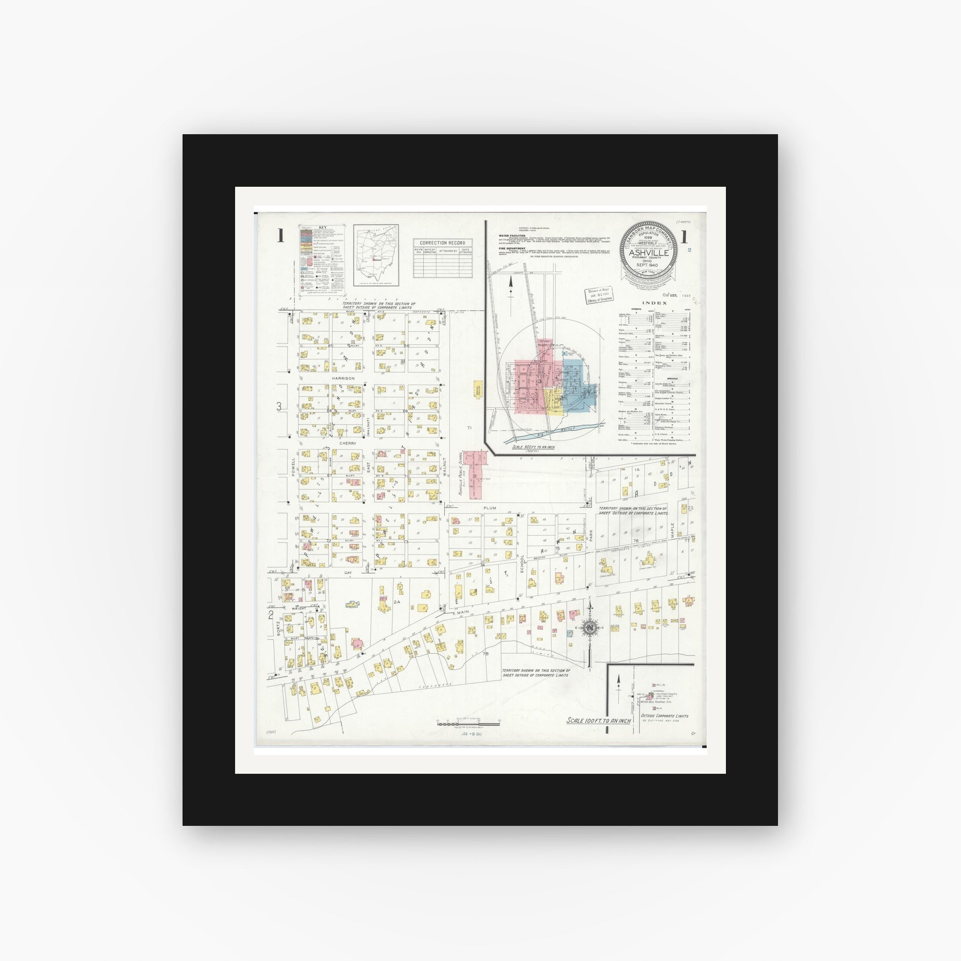 Old map wall art mockup — black gallery frame with white mat — Sanborn Fire Insurance Map from Ashville, Pickaway County, Ohio (1940), Sheet #0001
