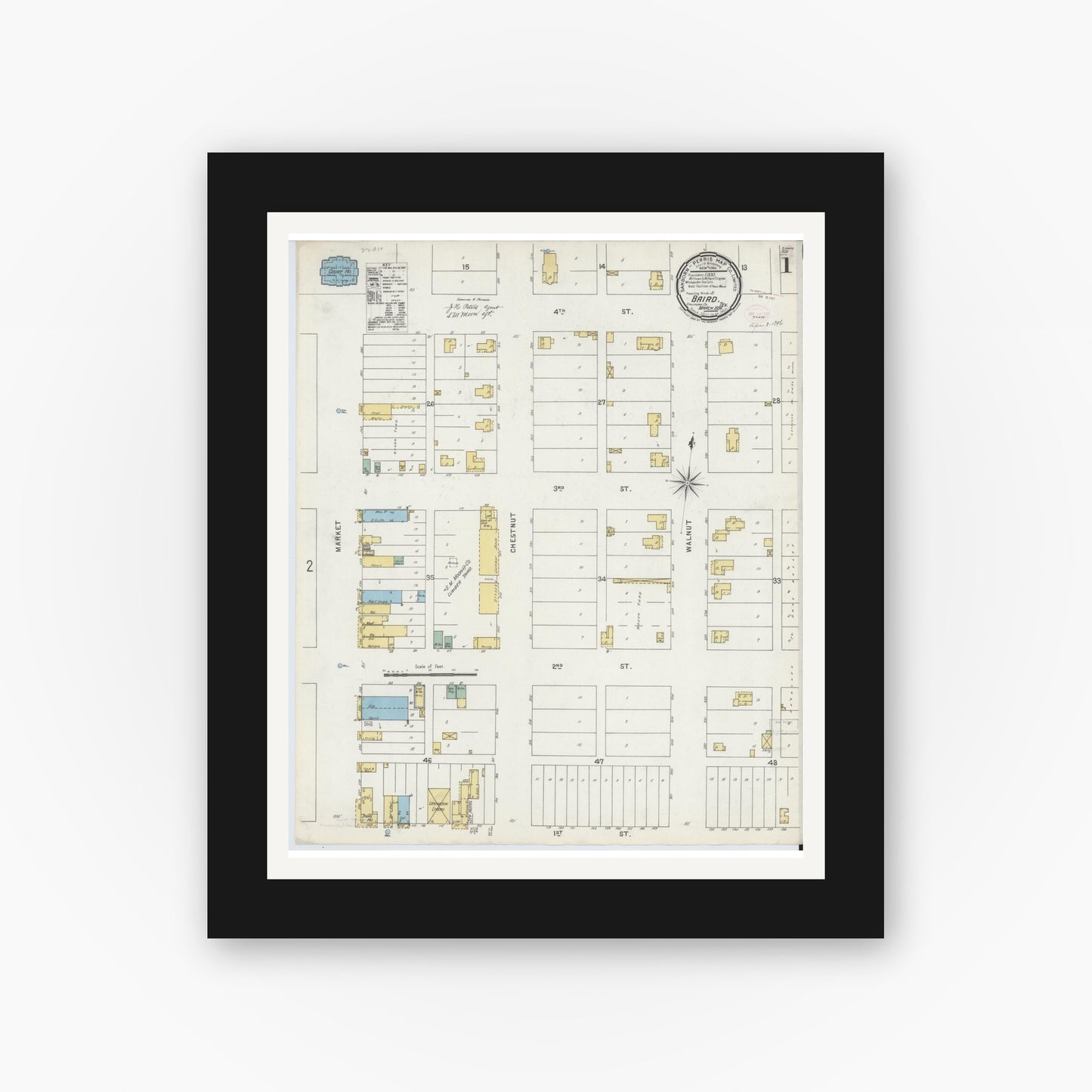 Old map wall art mockup — black gallery frame with white mat — Sanborn Fire Insurance Map from Baird, Callahan County, Texas (1896) - Complete Map Set