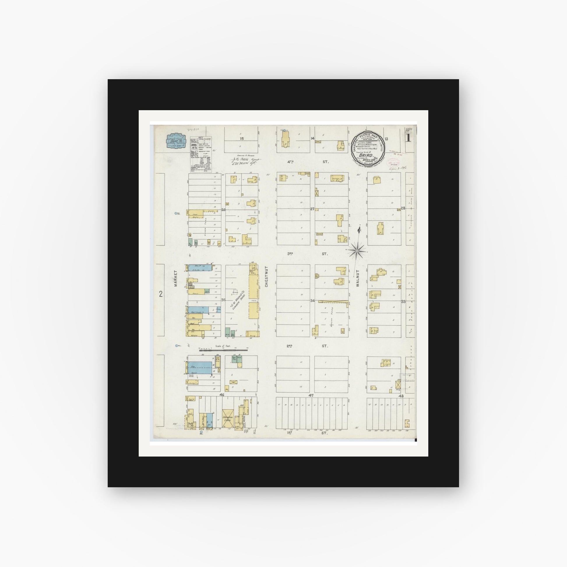 Old map wall art mockup — black gallery frame with white mat — Sanborn Fire Insurance Map from Baird, Callahan County, Texas (1896) - Complete Map Set