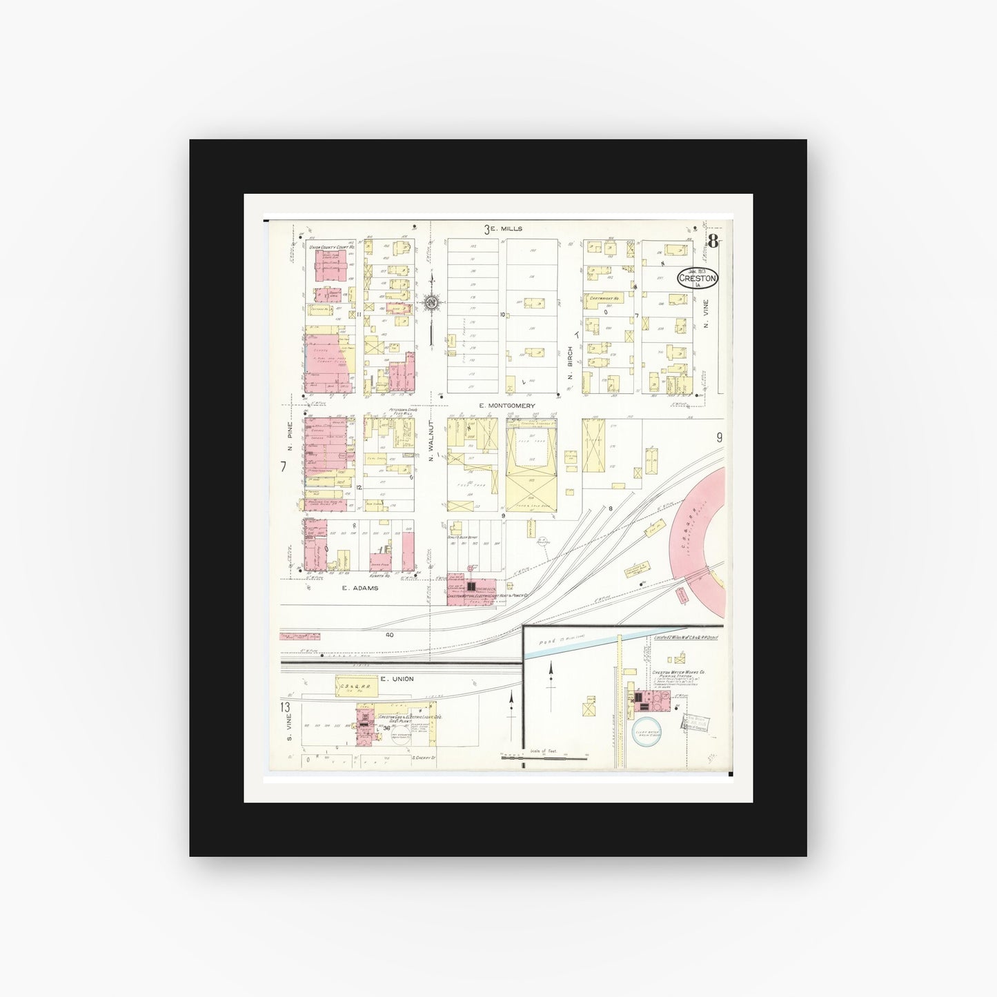Old map wall art mockup — black gallery frame with white mat — Sanborn Fire Insurance Map from Creston, Union County, Iowa (1913), Sheet #0008