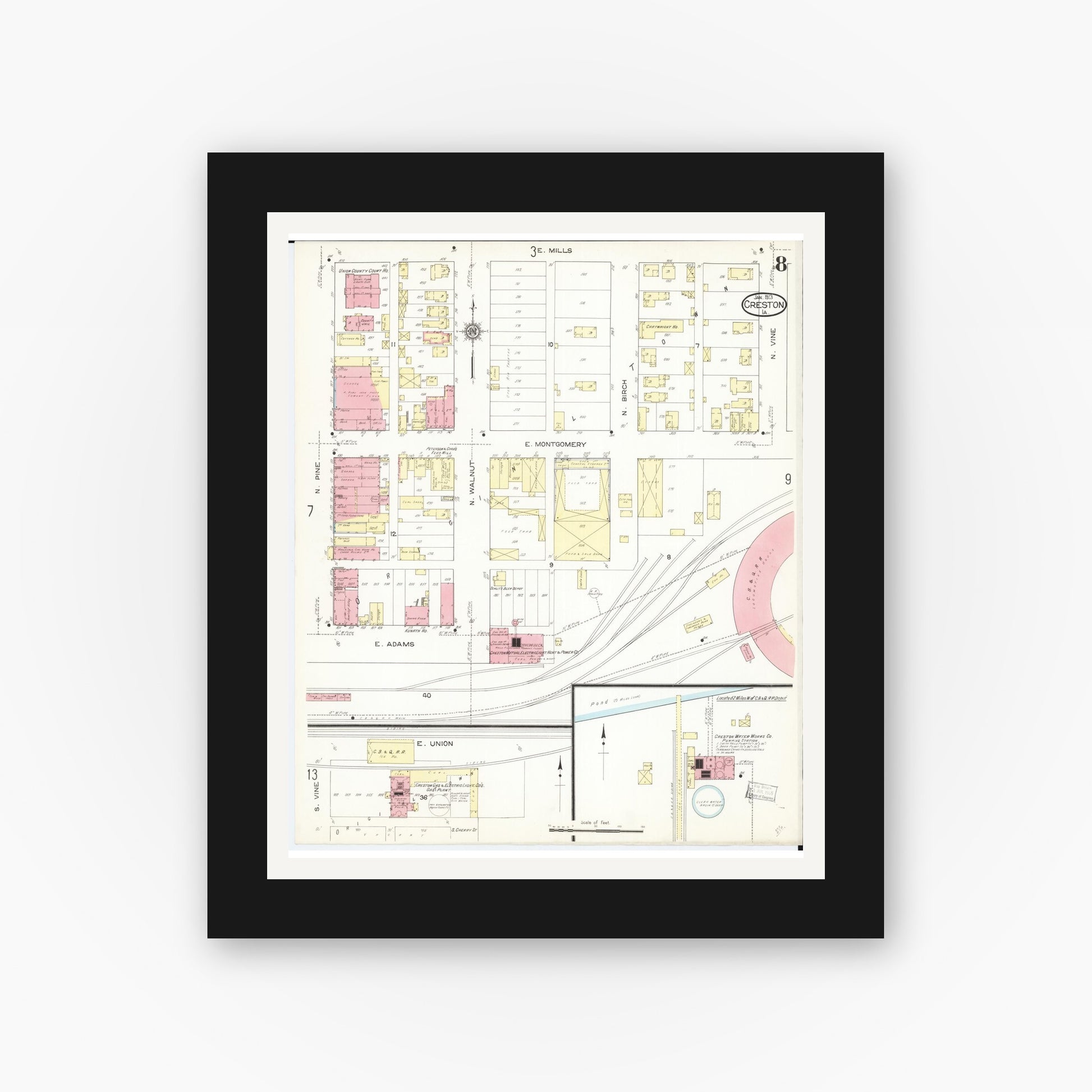 Old map wall art mockup — black gallery frame with white mat — Sanborn Fire Insurance Map from Creston, Union County, Iowa (1913), Sheet #0008
