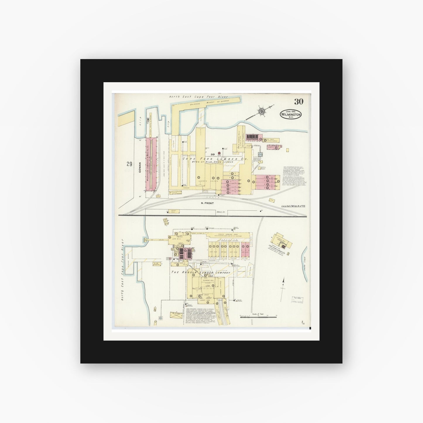 Old map wall art mockup — black gallery frame with white mat — Sanborn Fire Insurance Map from Wilmington, New Hanover County, North Carolina (1910), Sheet #0030