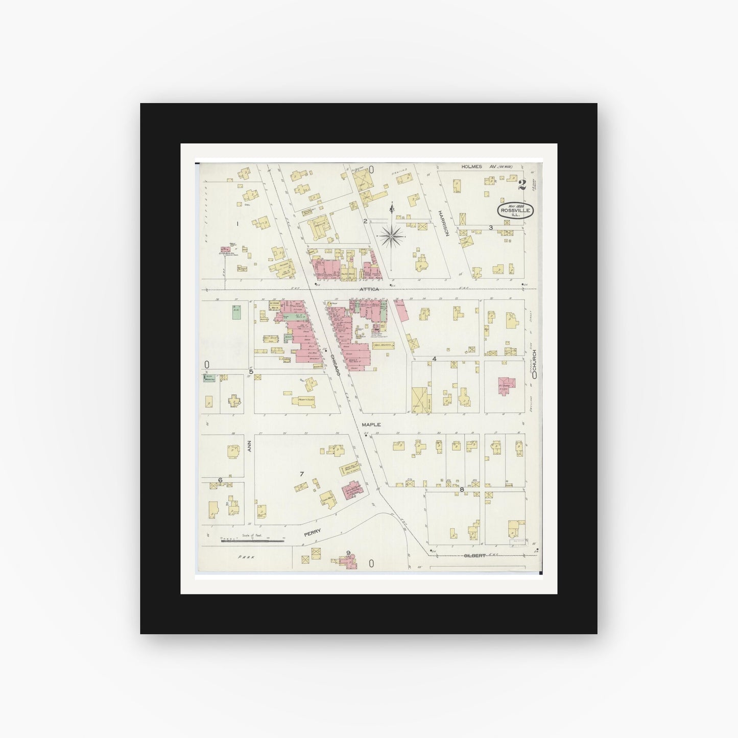 Old map wall art mockup — black gallery frame with white mat — Sanborn Fire Insurance Map from Rossville, Vermilion County, Illinois (1898), Sheet #0002