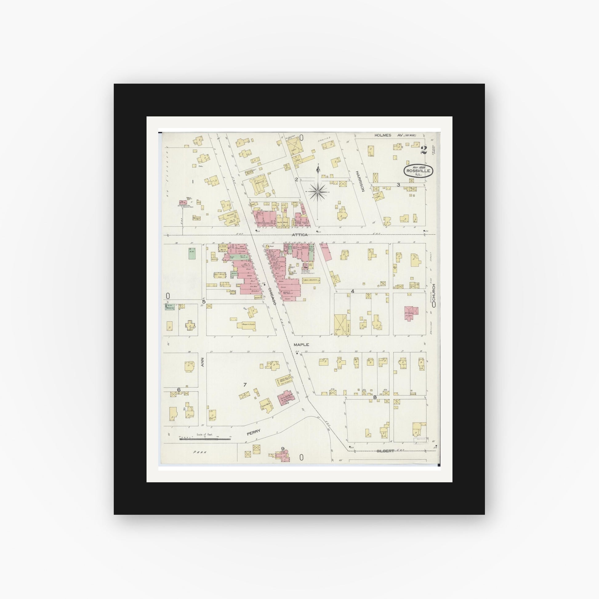 Old map wall art mockup — black gallery frame with white mat — Sanborn Fire Insurance Map from Rossville, Vermilion County, Illinois (1898), Sheet #0002