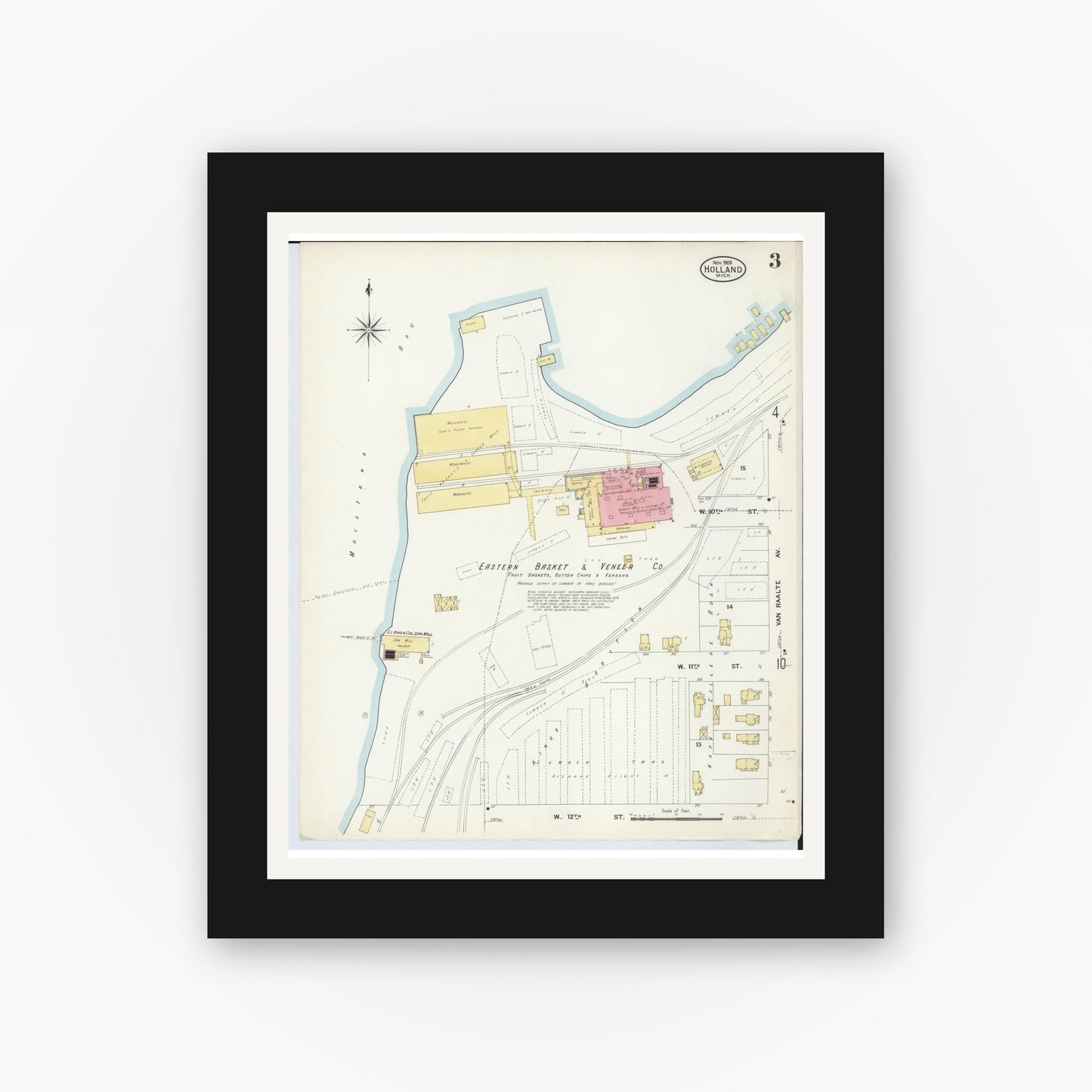 Old map wall art mockup — black gallery frame with white mat — Sanborn Fire Insurance Map from Holland, Ottawa County, Michigan (1908), Sheet #0003
