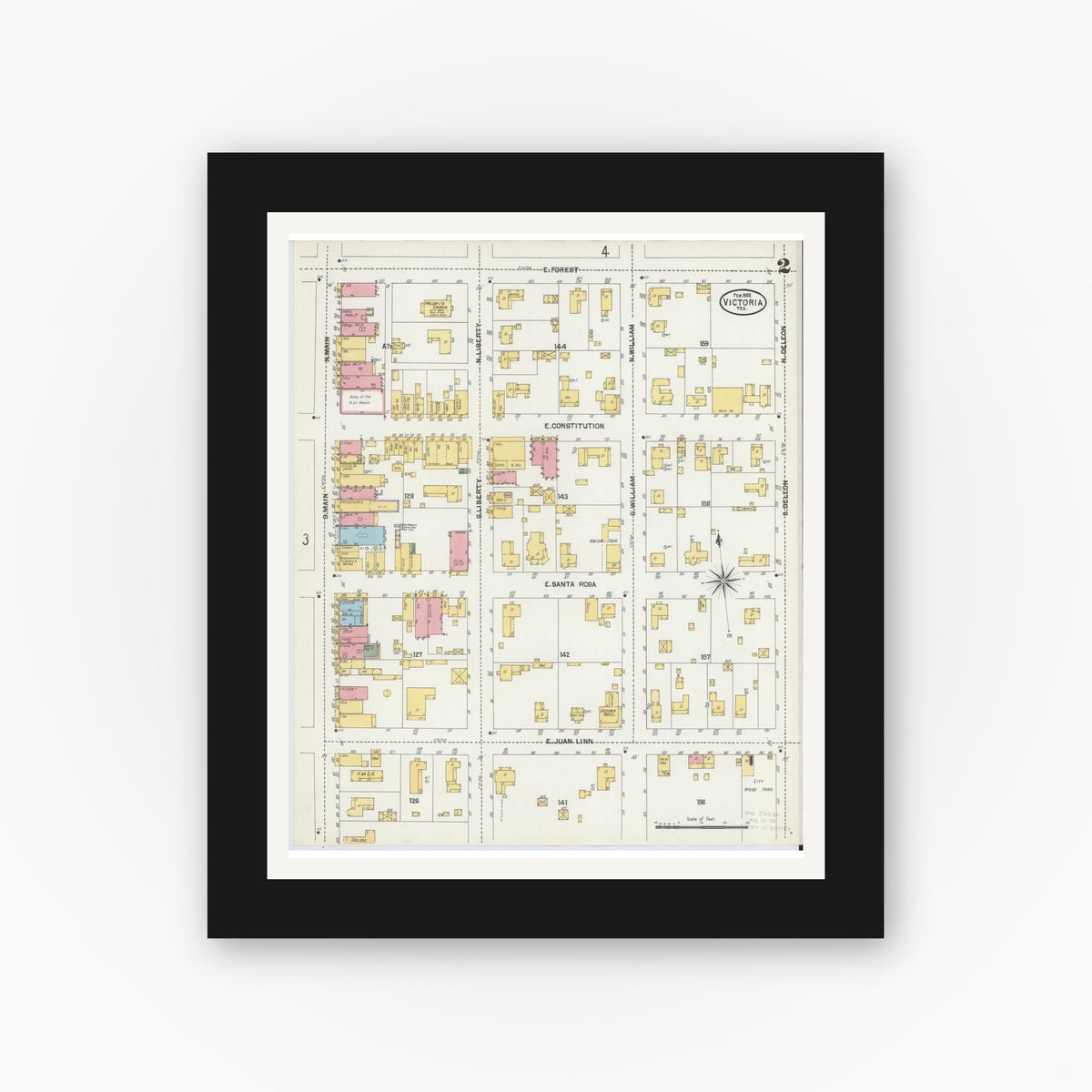 Old map wall art mockup — black gallery frame with white mat — Sanborn Fire Insurance Map from Victoria, Victoria County, Texas (1902), Sheet #0002