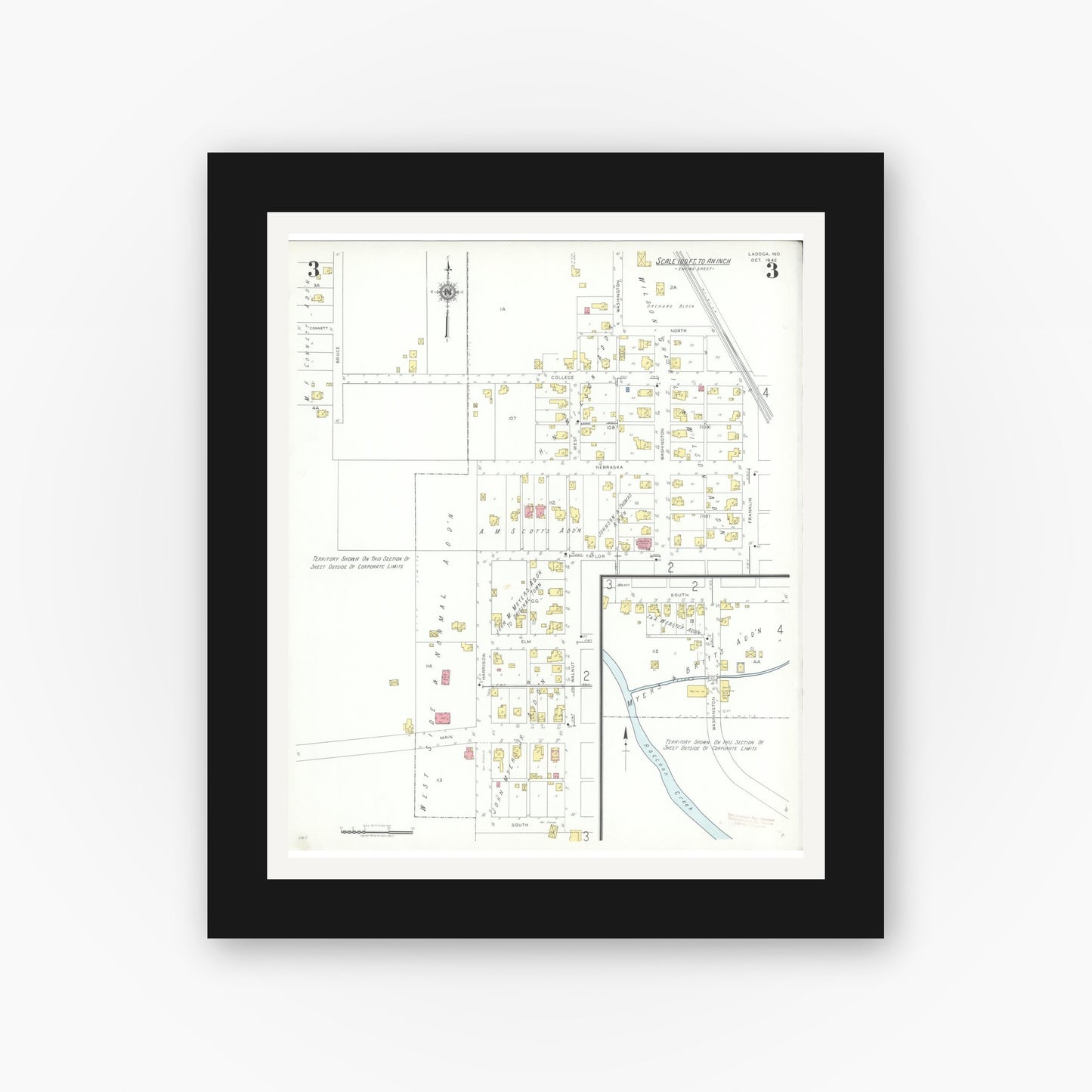 Old map wall art mockup — black gallery frame with white mat — Sanborn Fire Insurance Map from Ladoga, Montgomery County, Indiana (1942), Sheet #0003