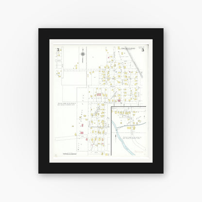 Old map wall art mockup — black gallery frame with white mat — Sanborn Fire Insurance Map from Ladoga, Montgomery County, Indiana (1942), Sheet #0003