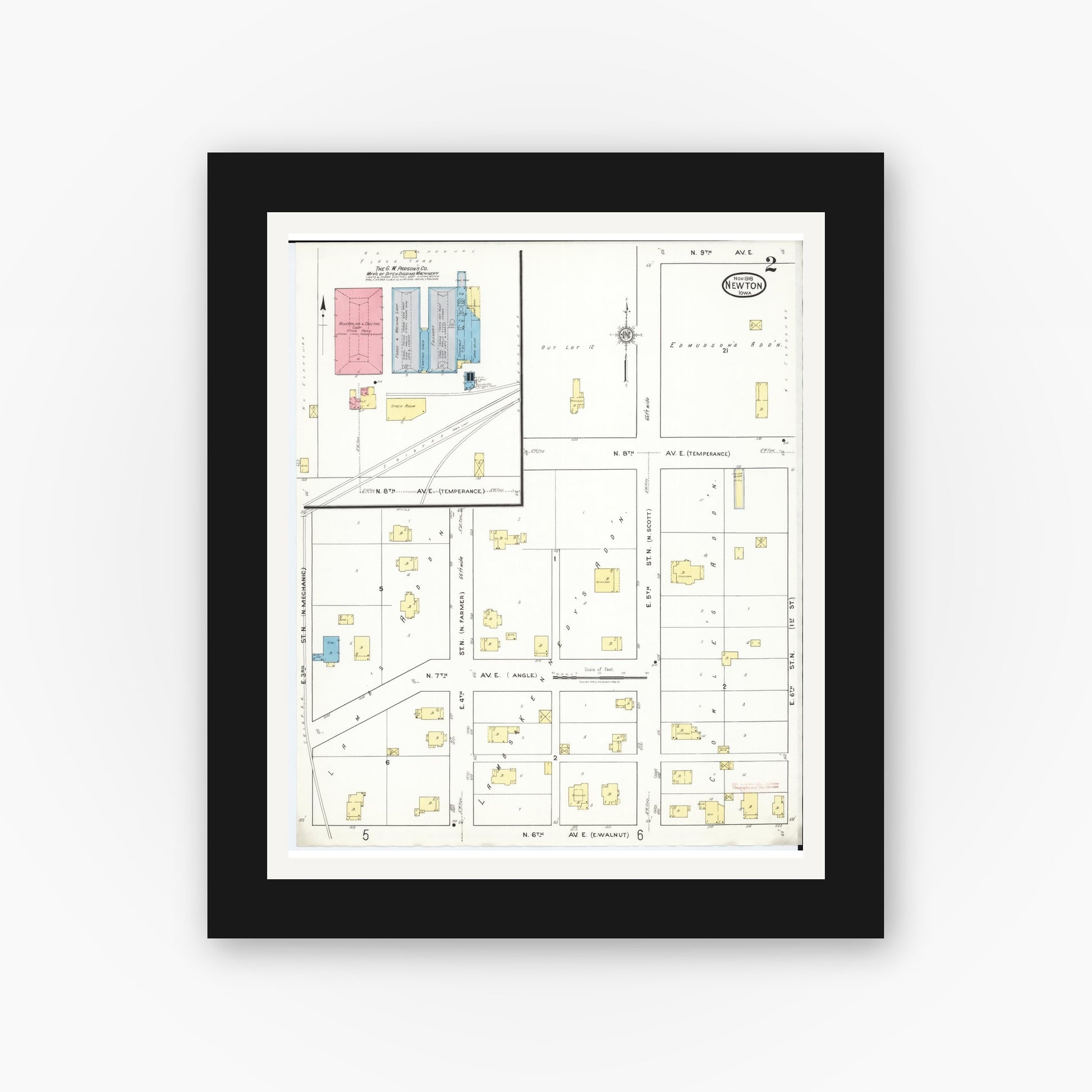 Old map wall art mockup — black gallery frame with white mat — Sanborn Fire Insurance Map from Newton, Jasper County, Iowa (1918), Sheet #0002