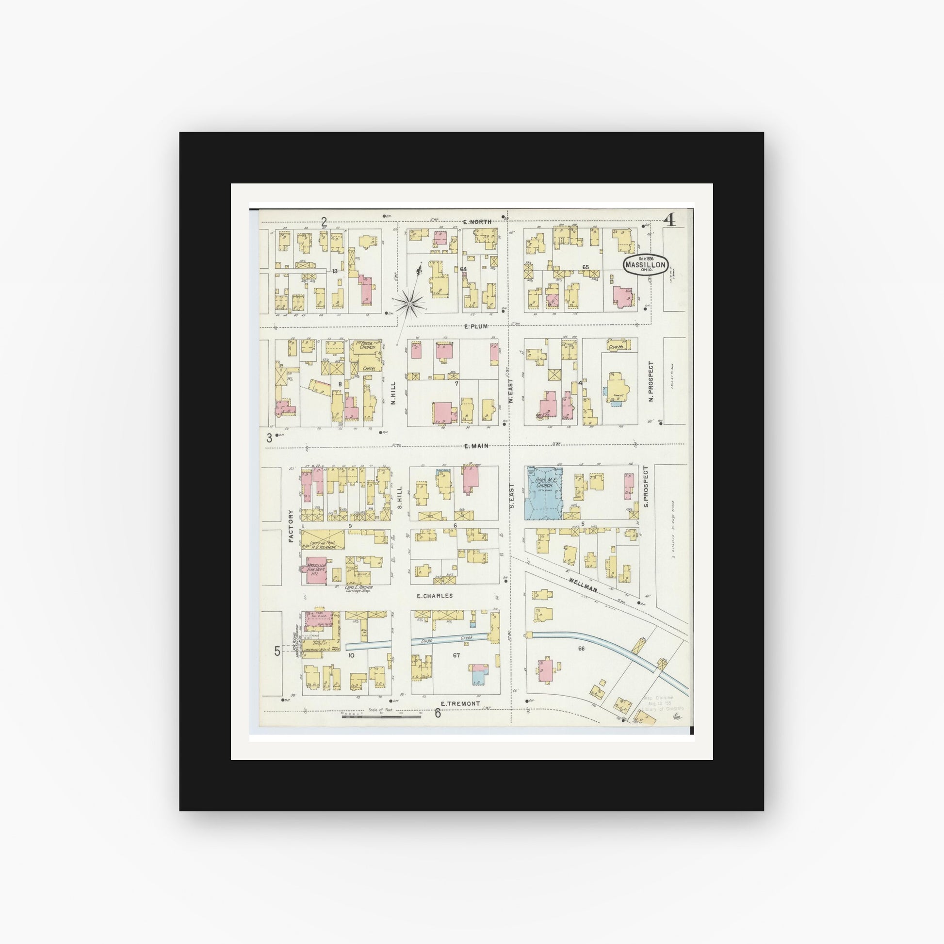 Old map wall art mockup — black gallery frame with white mat — Sanborn Fire Insurance Map from Massillon, Stark County, Ohio (1896), Sheet #0004
