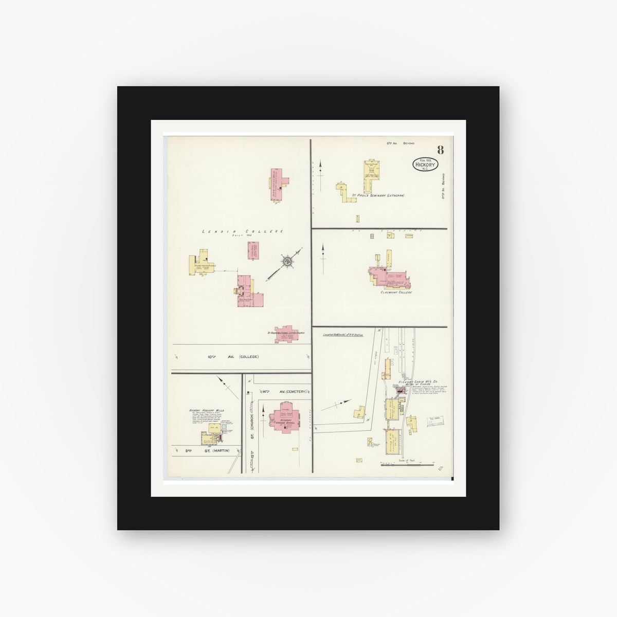 Old map wall art mockup — black gallery frame with white mat — Sanborn Fire Insurance Map from Hickory, Catawba County, North Carolina (1913), Sheet #0008