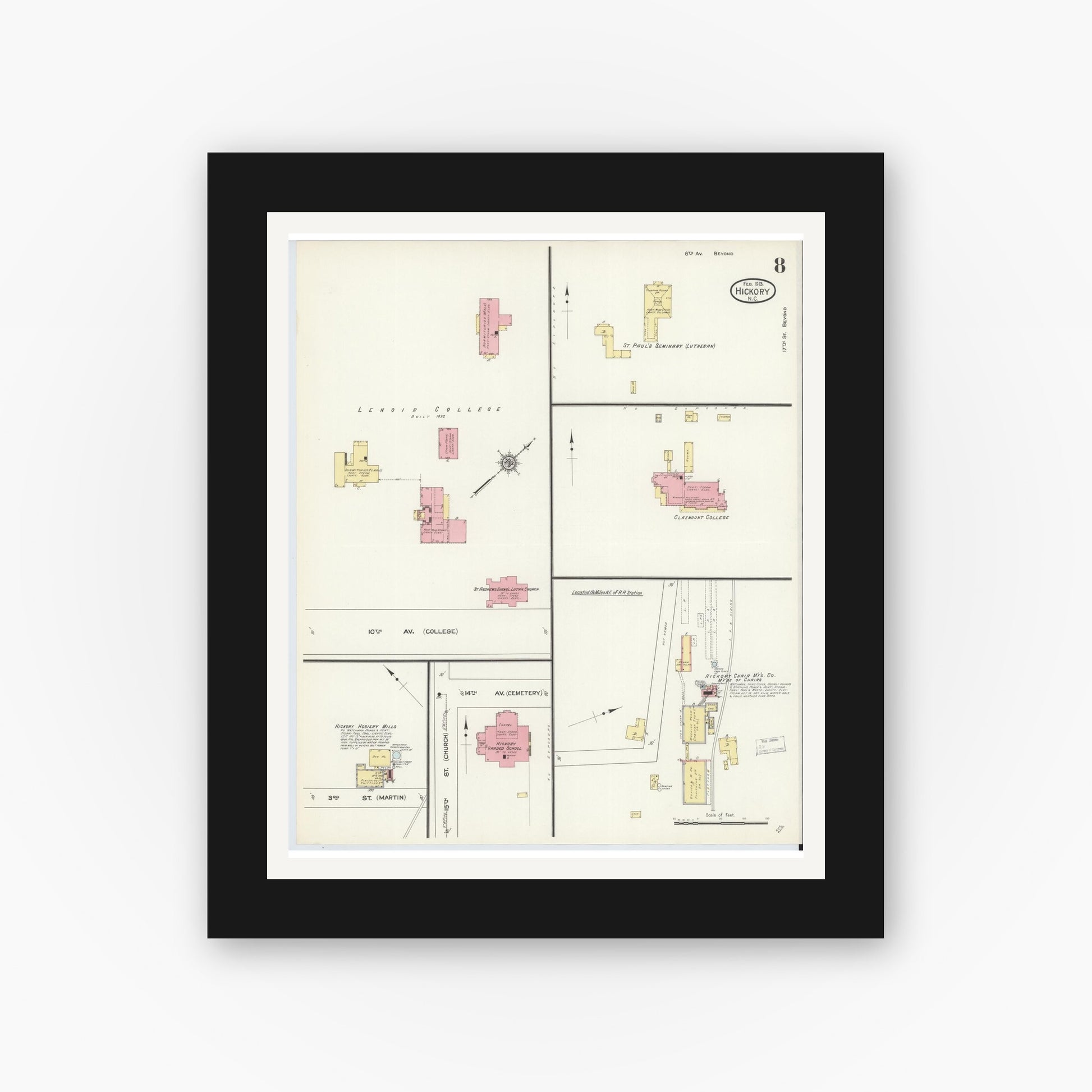Old map wall art mockup — black gallery frame with white mat — Sanborn Fire Insurance Map from Hickory, Catawba County, North Carolina (1913), Sheet #0008