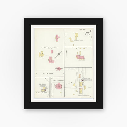 Old map wall art mockup — black gallery frame with white mat — Sanborn Fire Insurance Map from Hickory, Catawba County, North Carolina (1913), Sheet #0008