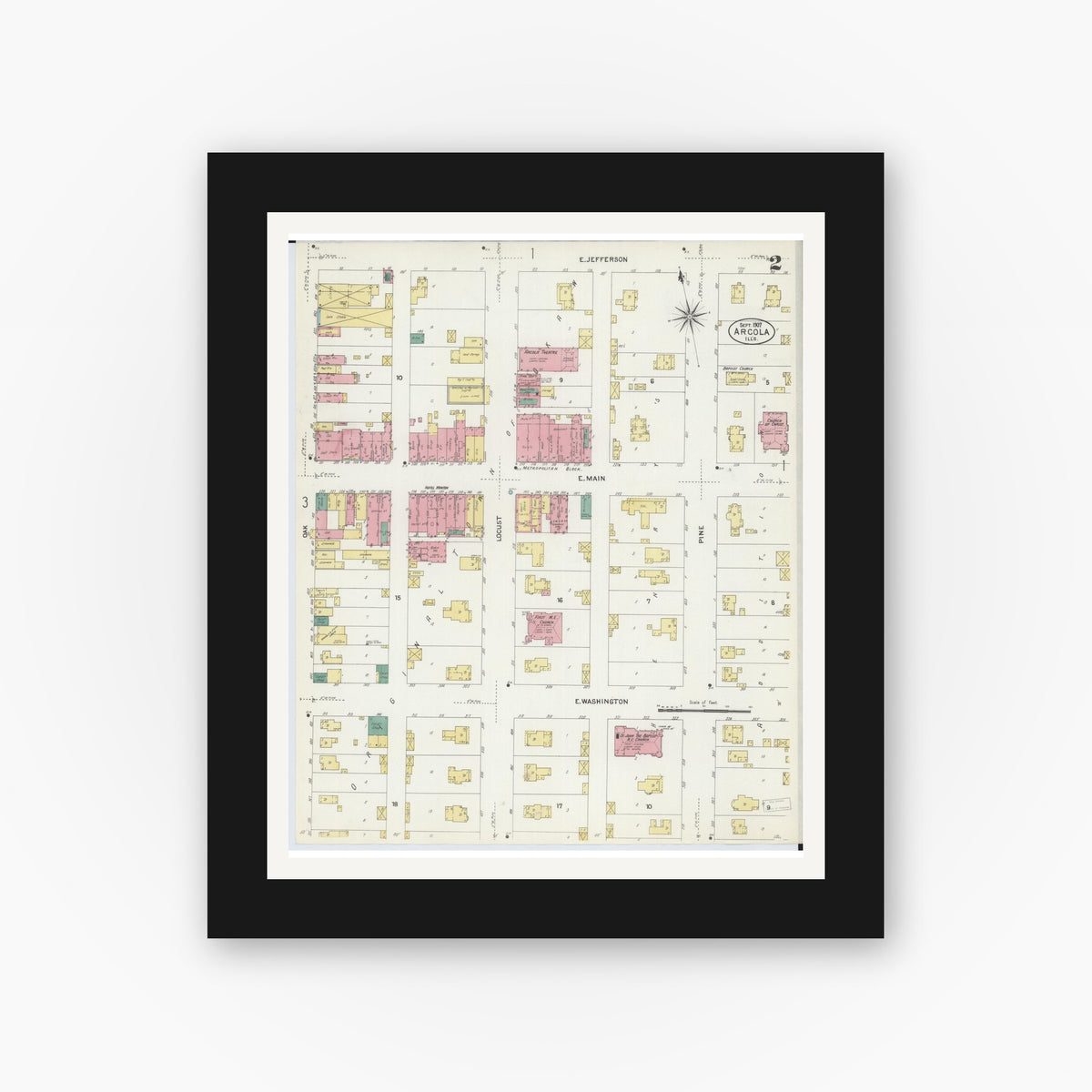 Old map wall art mockup — black gallery frame with white mat — Sanborn Fire Insurance Map from Arcola, Douglas County, Illinois (1907), Sheet #0002
