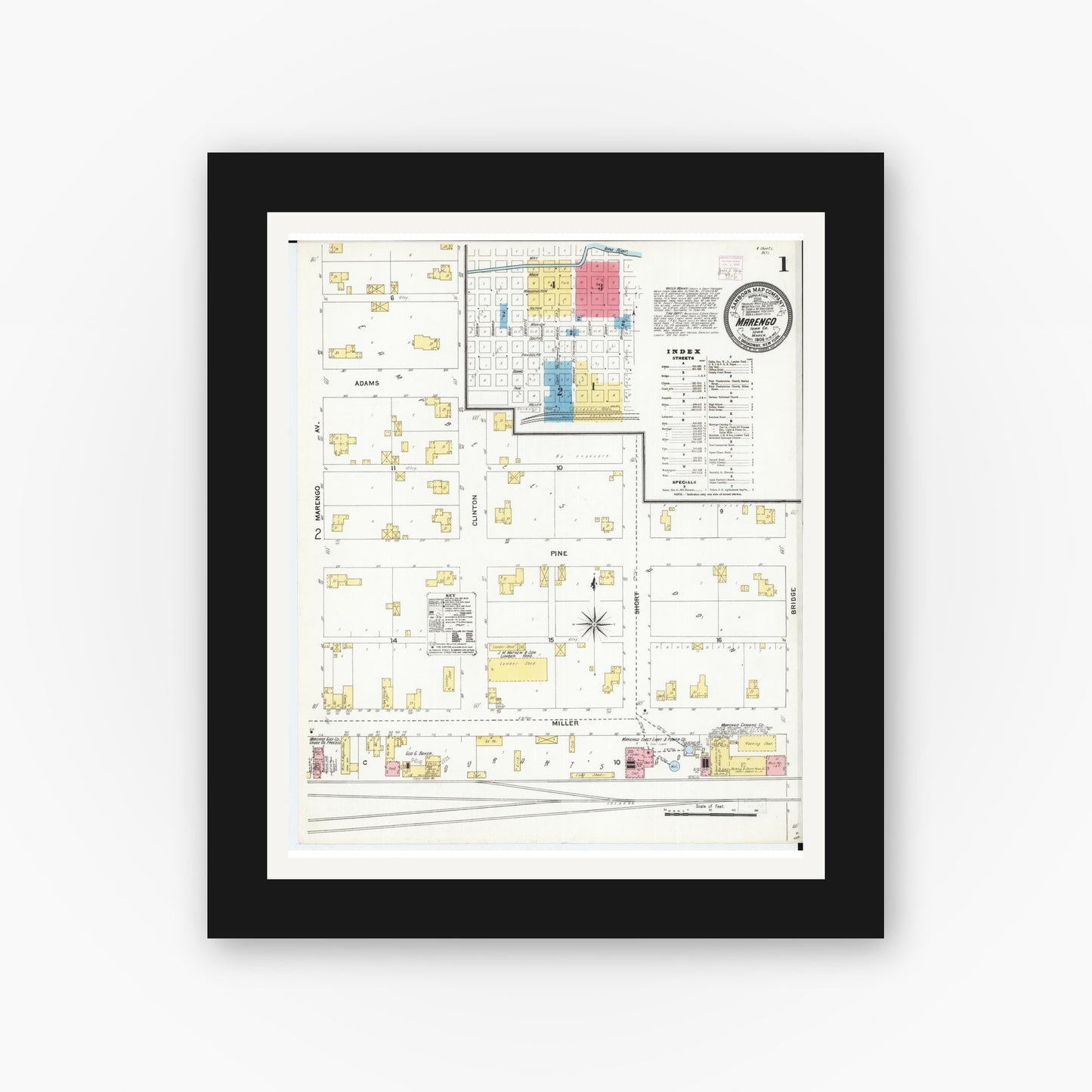 Old map wall art mockup — black gallery frame with white mat — Sanborn Fire Insurance Map from Marengo, Iowa County, Iowa (1906) â€” Complete Set