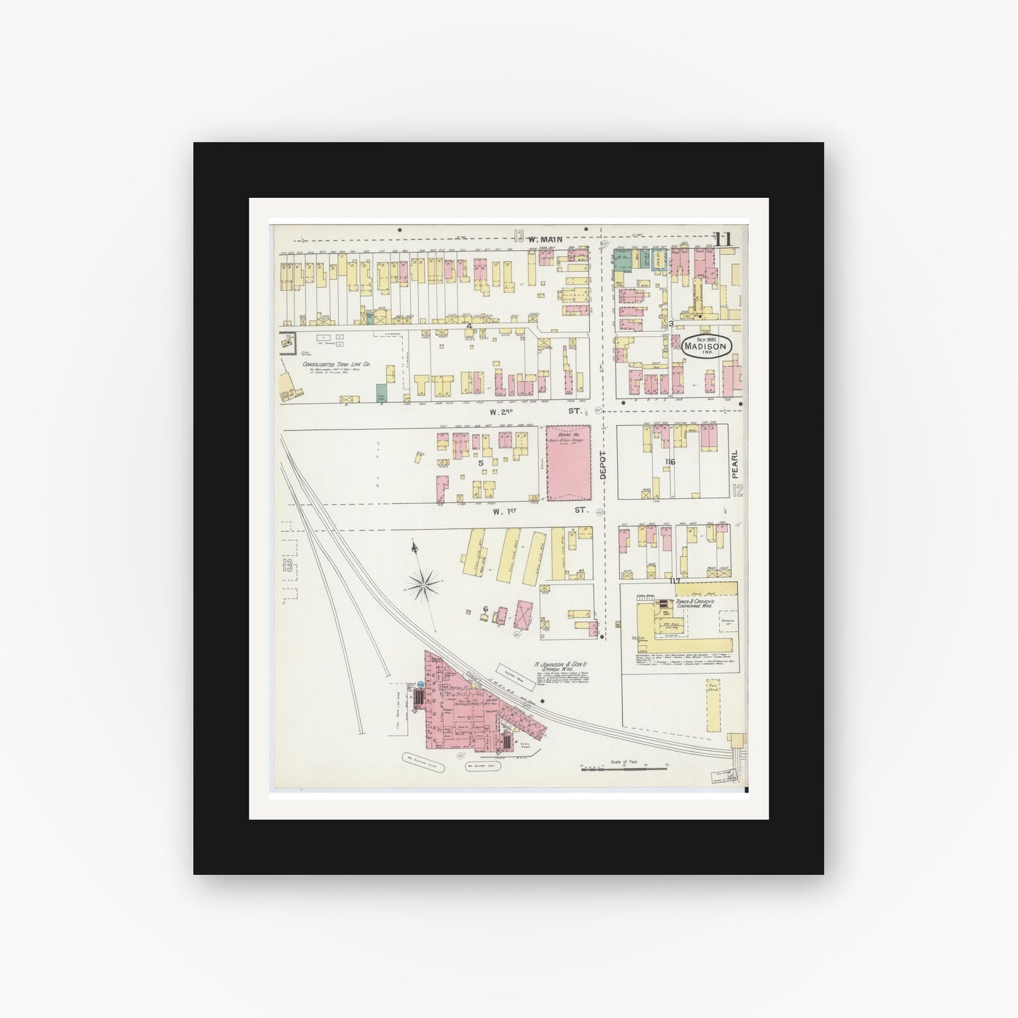 Old map wall art mockup — black gallery frame with white mat — Sanborn Fire Insurance Map from Madison, Jefferson County, Indiana (1892), Sheet #0011