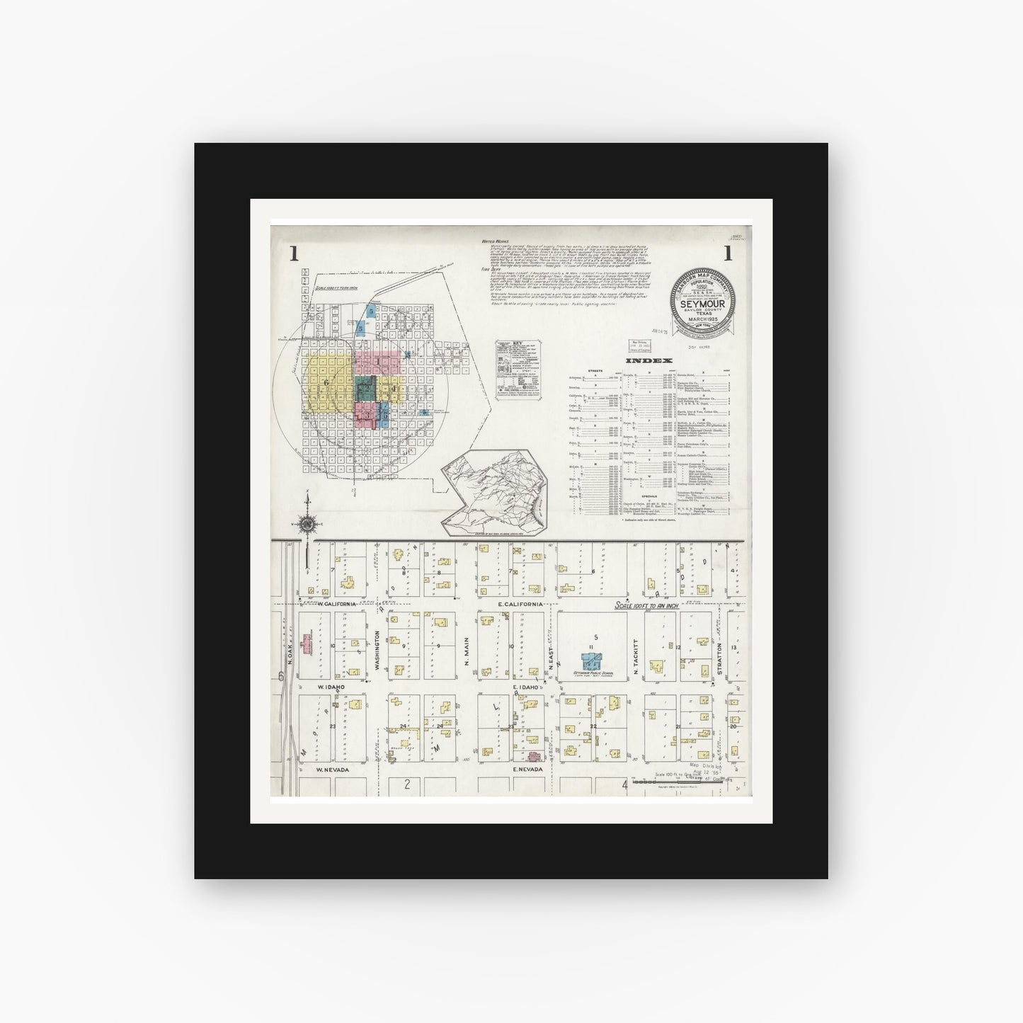 Old map wall art mockup — black gallery frame with white mat — Sanborn Fire Insurance Map from Seymour, Baylor County, Texas (1925) - Complete Map Set