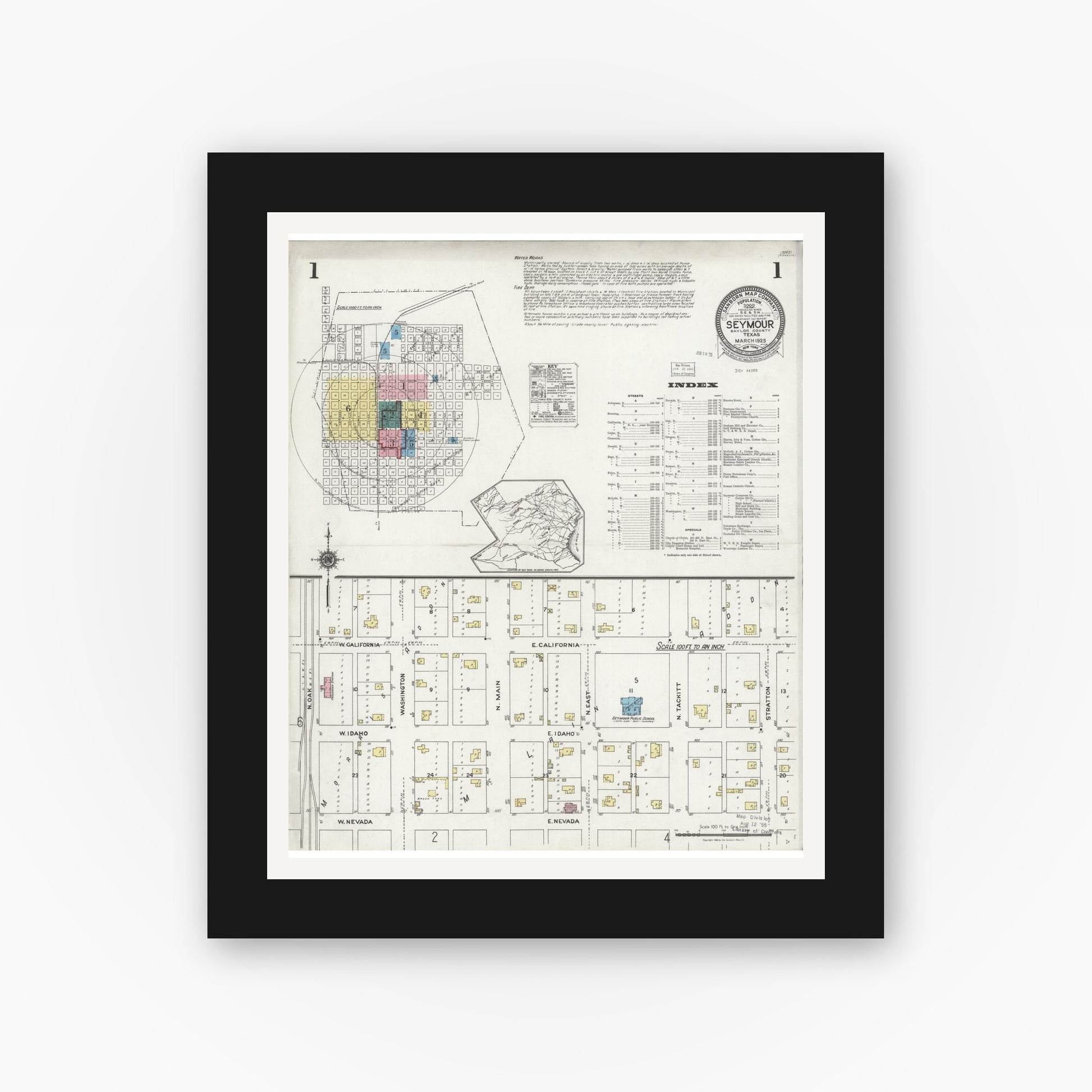Old map wall art mockup — black gallery frame with white mat — Sanborn Fire Insurance Map from Seymour, Baylor County, Texas (1925) - Complete Map Set