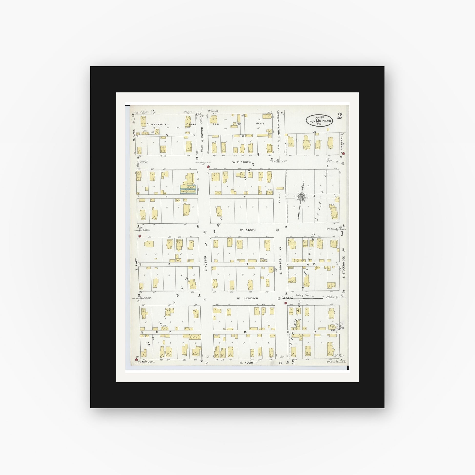 Old map wall art mockup — black gallery frame with white mat — Sanborn Fire Insurance Map from Iron Mountain, Dickinson County, Michigan (1911), Sheet #0002