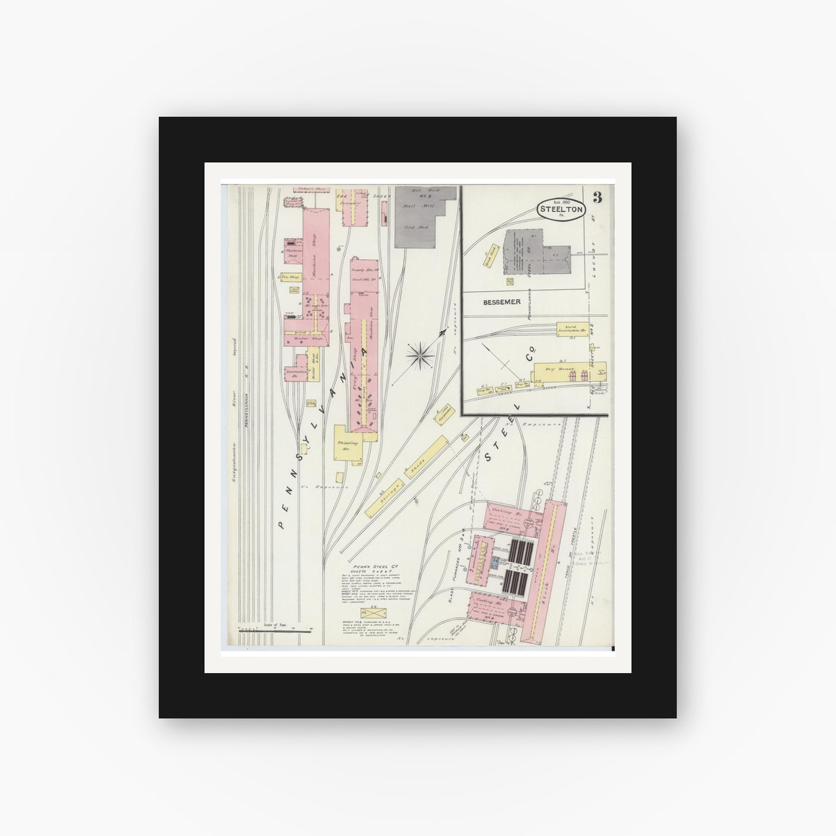 Old map wall art mockup — black gallery frame with white mat — Sanborn Fire Insurance Map from Steelton, Dauphin County, Pennsylvania (1890), Sheet #0003
