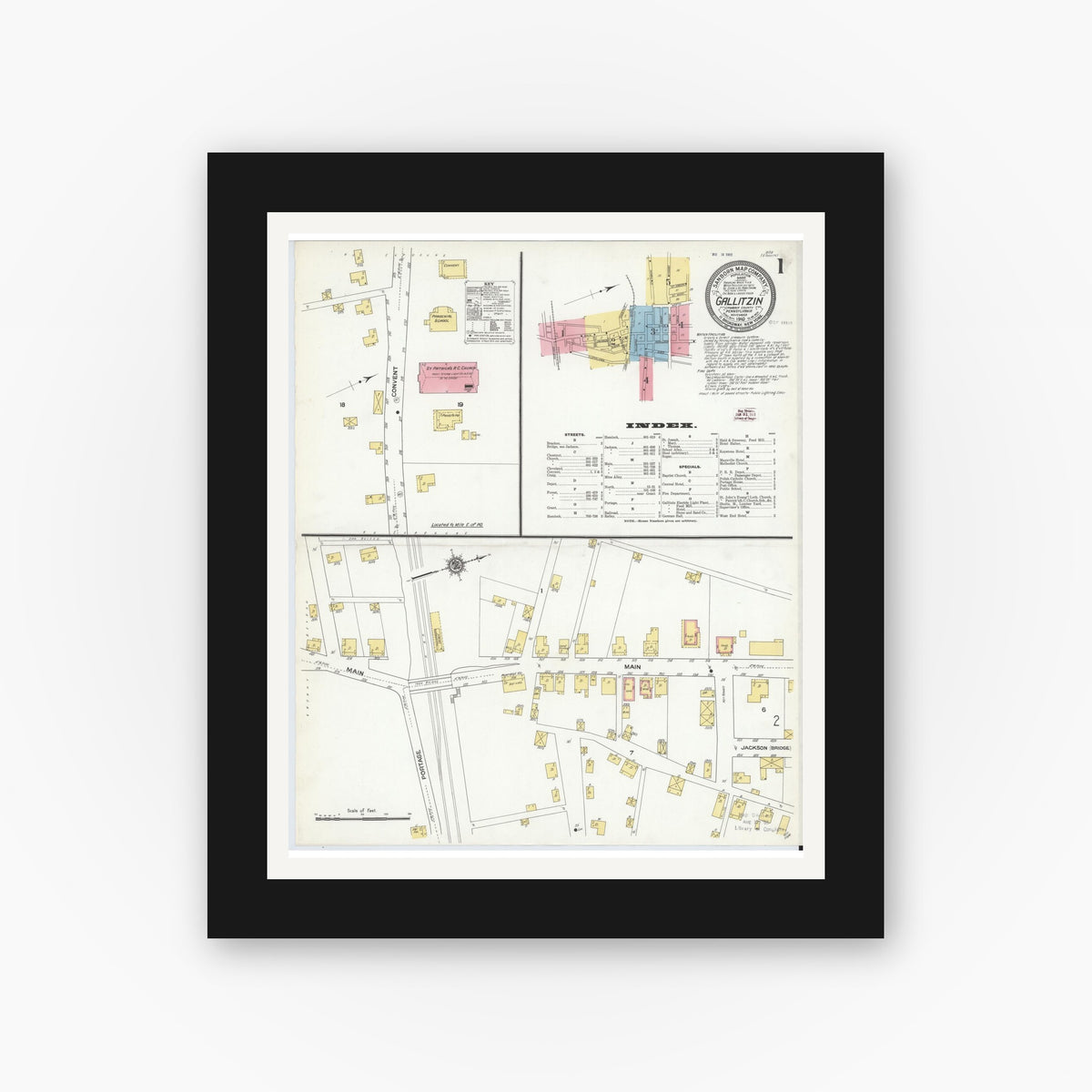 Old map wall art mockup — black gallery frame with white mat — Sanborn Fire Insurance Map from Gallitzin, Cambria County, Pennsylvania (1910) - Complete Map Set