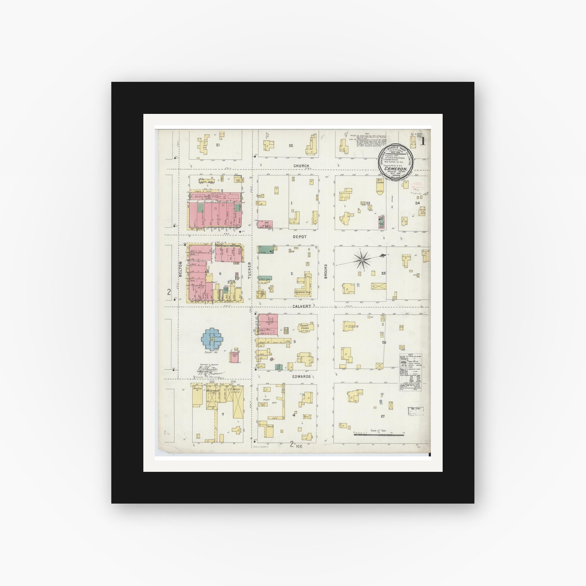 Old map wall art mockup — black gallery frame with white mat — Sanborn Fire Insurance Map from Cameron, Milam County, Texas (1896), Sheet #0001