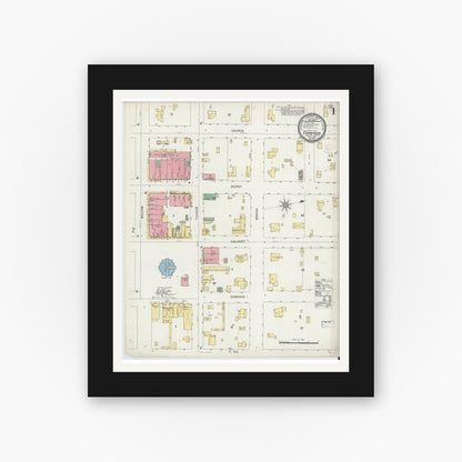 Old map wall art mockup — black gallery frame with white mat — Sanborn Fire Insurance Map from Cameron, Milam County, Texas (1896), Sheet #0001