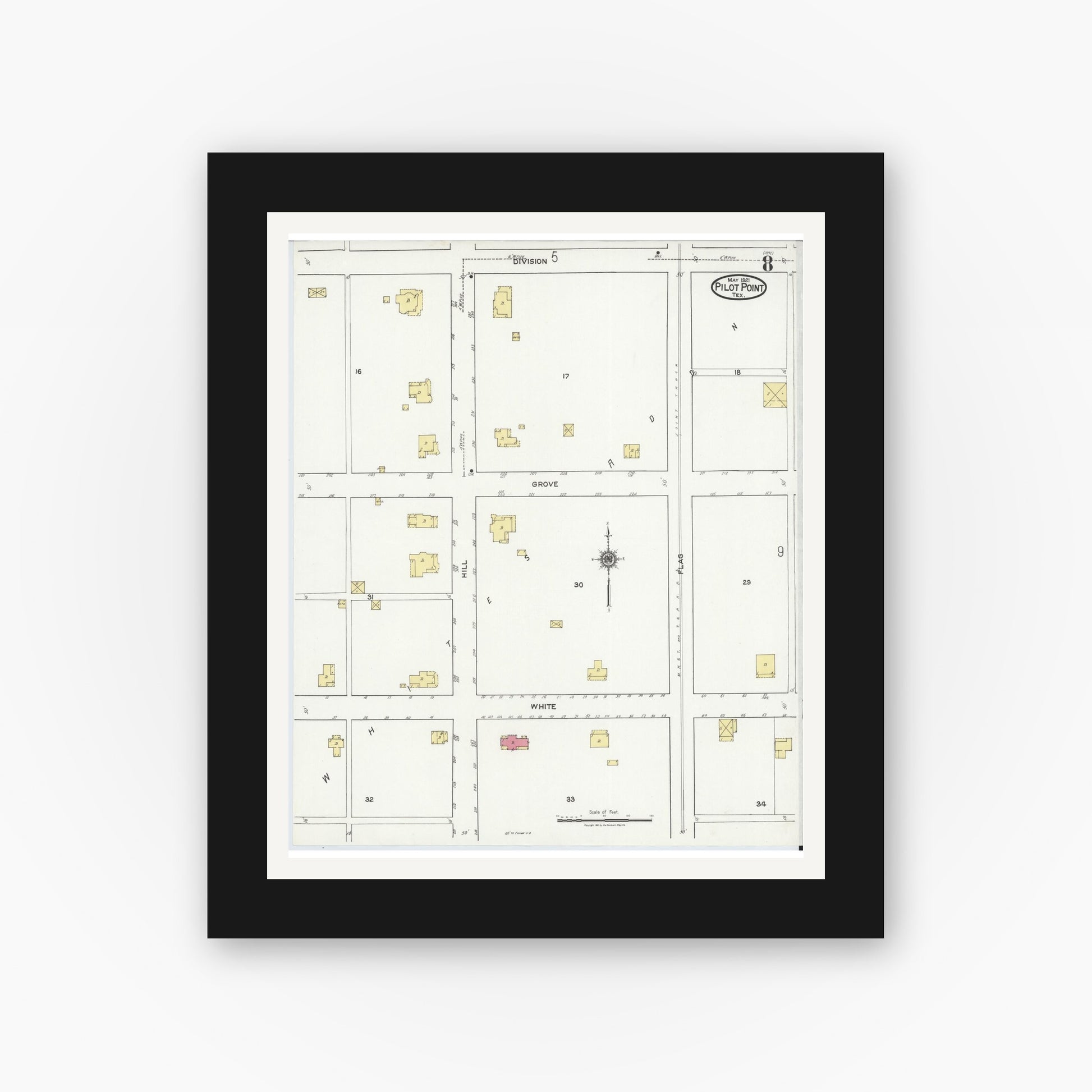 Old map wall art mockup — black gallery frame with white mat — Sanborn Fire Insurance Map from Pilot Point, Denton County, Texas (1921), Sheet #0008