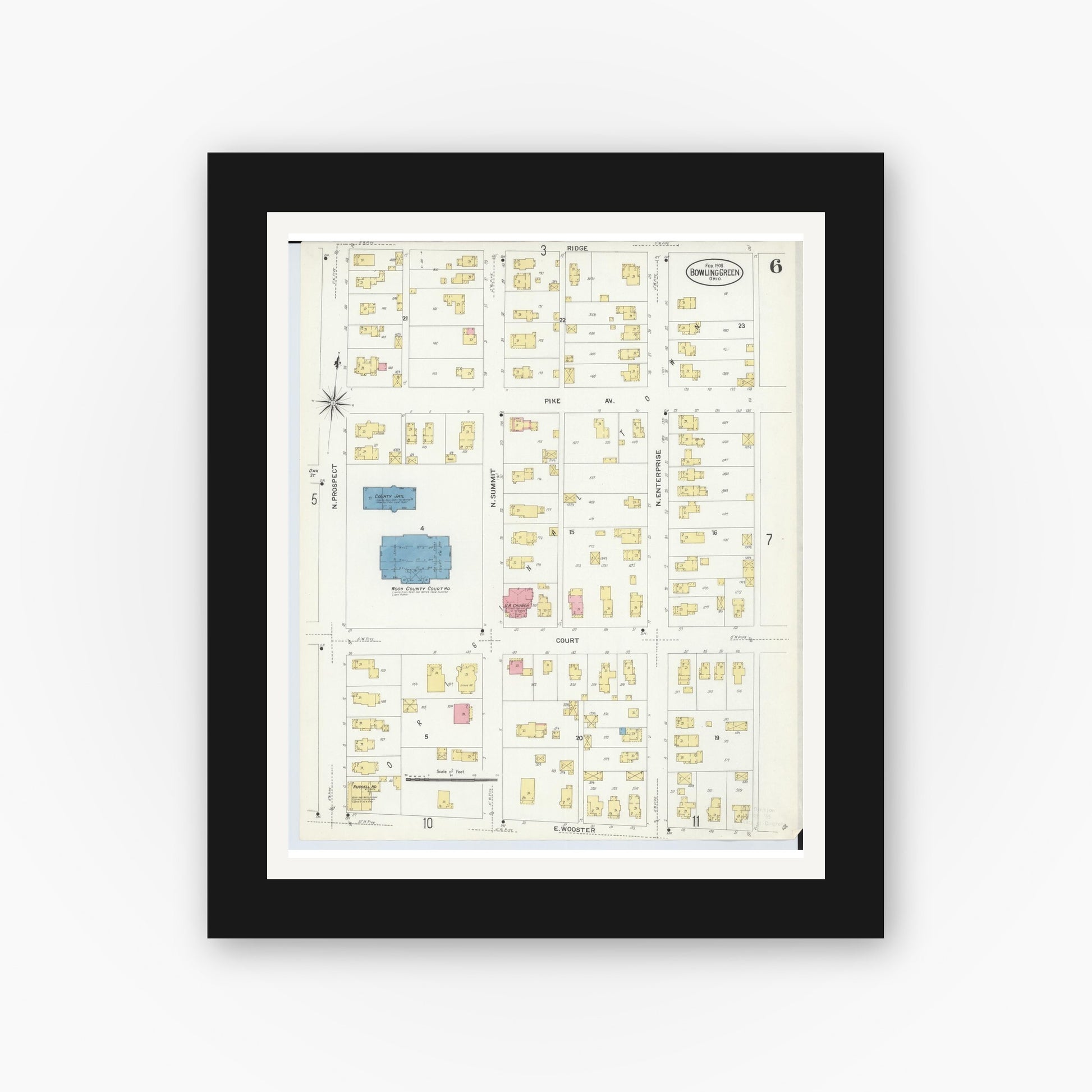 Old map wall art mockup — black gallery frame with white mat — Sanborn Fire Insurance Map from Bowling Green, Wood County, Ohio (1908), Sheet #0006
