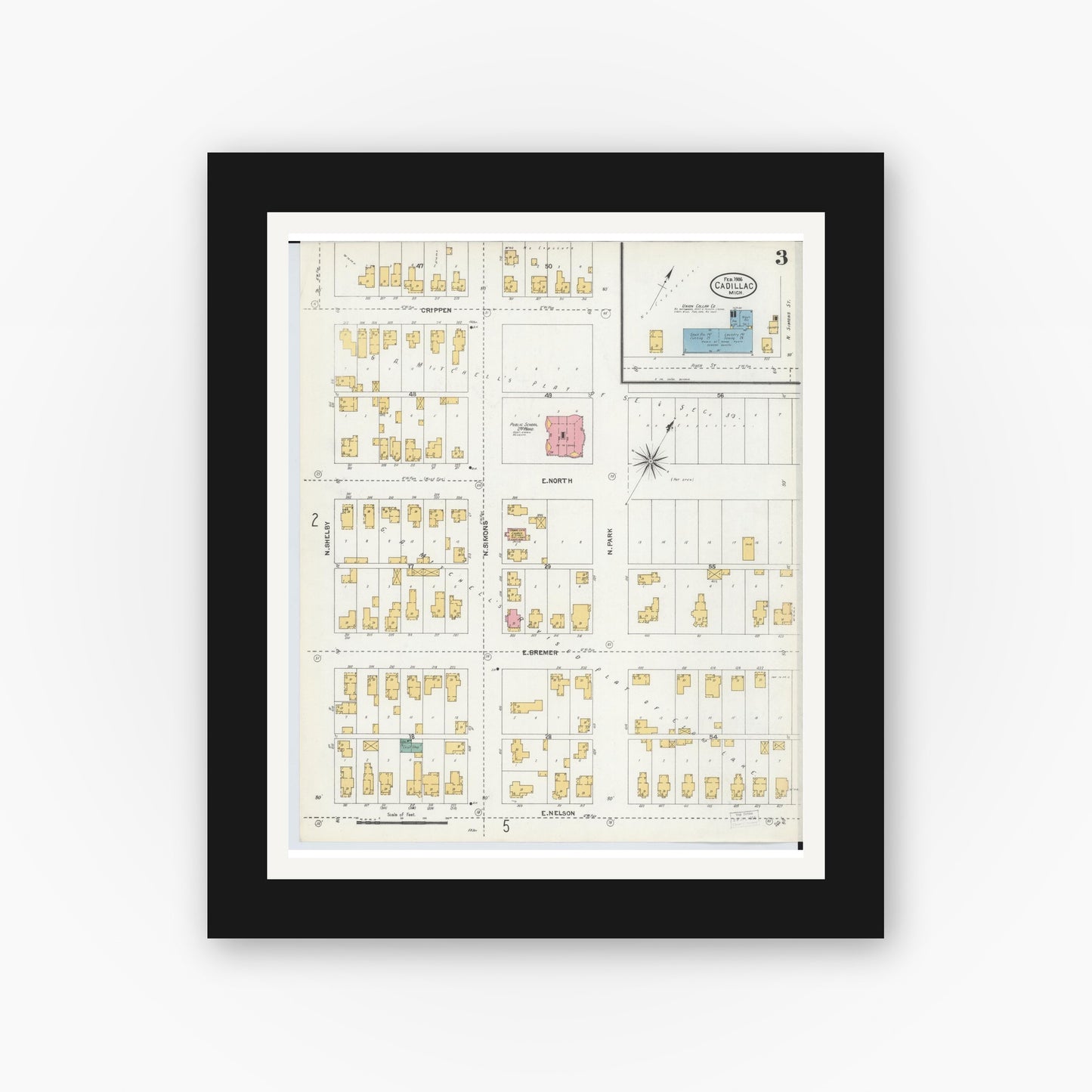 Old map wall art mockup — black gallery frame with white mat — Sanborn Fire Insurance Map from Cadillac, Wexford County, Michigan (1906), Sheet #0003