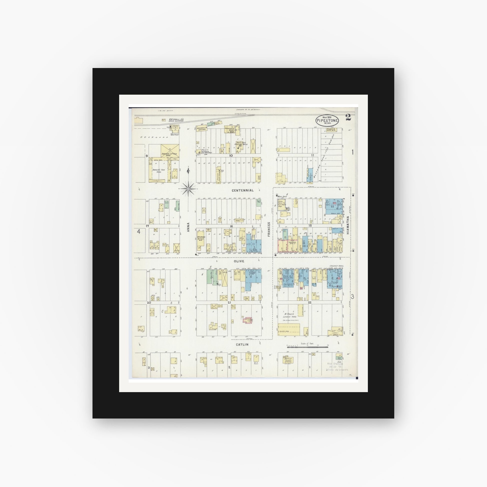 Old map wall art mockup — black gallery frame with white mat — Sanborn Fire Insurance Map from Pipestone, Pipestone County, Minnesota (1898), Sheet #0002