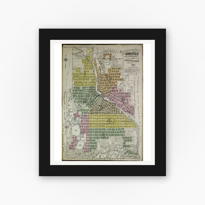 Old map wall art mockup — black gallery frame with white mat — Sanborn Fire Insurance Map from Minneapolis, Hennepin County, Minnesota (1913), Sheet #0001