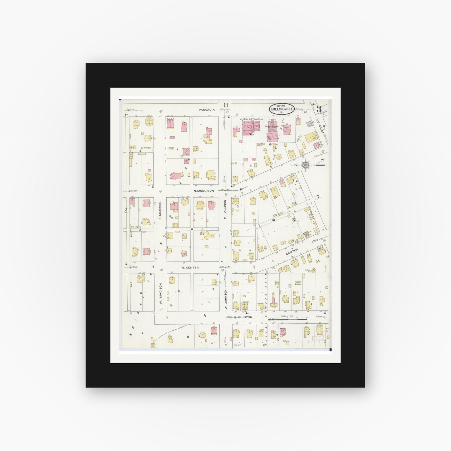 Old map wall art mockup — black gallery frame with white mat — Sanborn Fire Insurance Map from Collinsville, Madison County, Illinois (1915), Sheet #0003