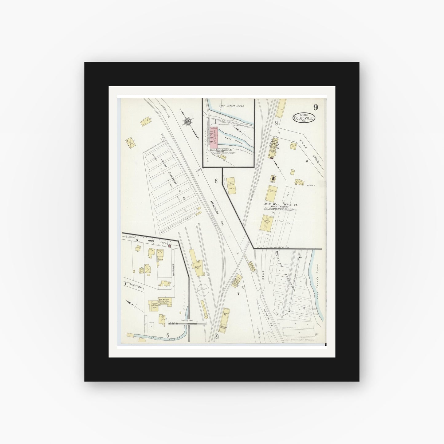 Old map wall art mockup — black gallery frame with white mat — Sanborn Fire Insurance Map from Dolgeville, Hirkimer County, New York (1912), Sheet #0009