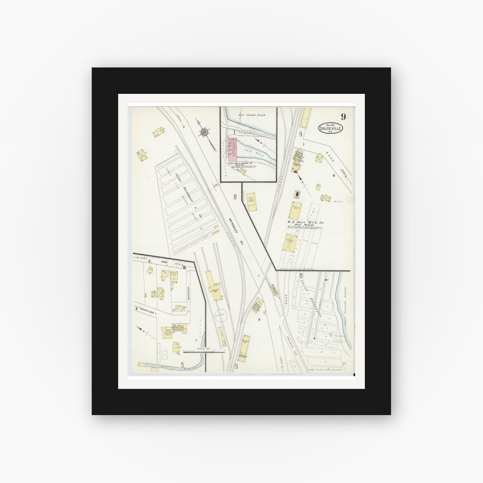 Old map wall art mockup — black gallery frame with white mat — Sanborn Fire Insurance Map from Dolgeville, Hirkimer County, New York (1912), Sheet #0009