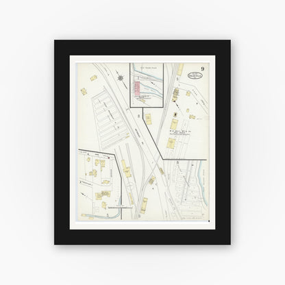 Old map wall art mockup — black gallery frame with white mat — Sanborn Fire Insurance Map from Dolgeville, Hirkimer County, New York (1912), Sheet #0009