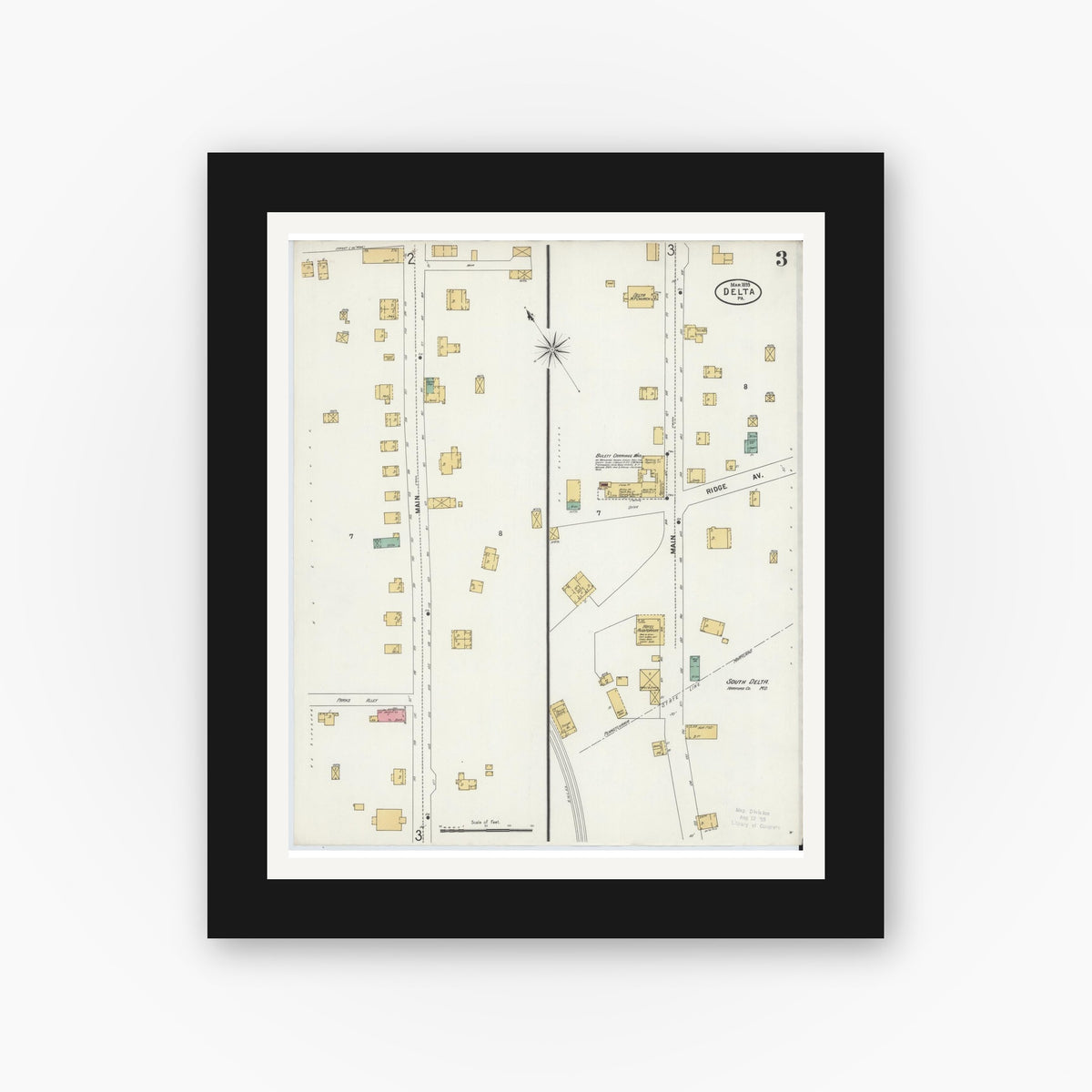 Old map wall art mockup — black gallery frame with white mat — Sanborn Fire Insurance Map from Delta, York County, Pennsylvania (1899), Sheet #0003
