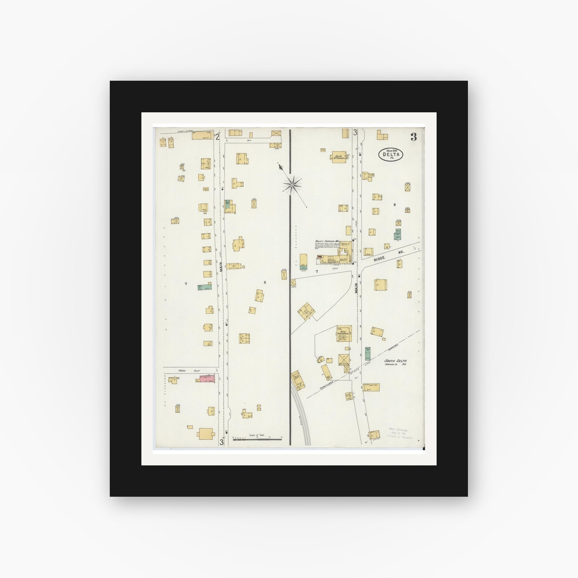 Old map wall art mockup — black gallery frame with white mat — Sanborn Fire Insurance Map from Delta, York County, Pennsylvania (1899), Sheet #0003