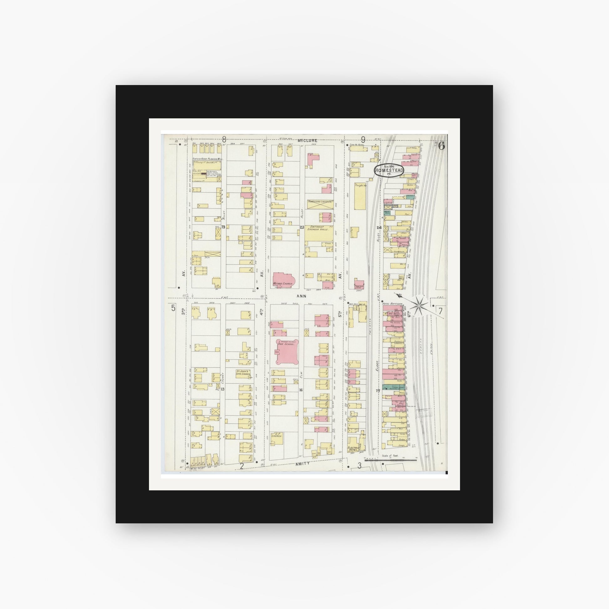 Old map wall art mockup — black gallery frame with white mat — Sanborn Fire Insurance Map from Homestead, Allegheny County, Pennsylvania (1896), Sheet #0006