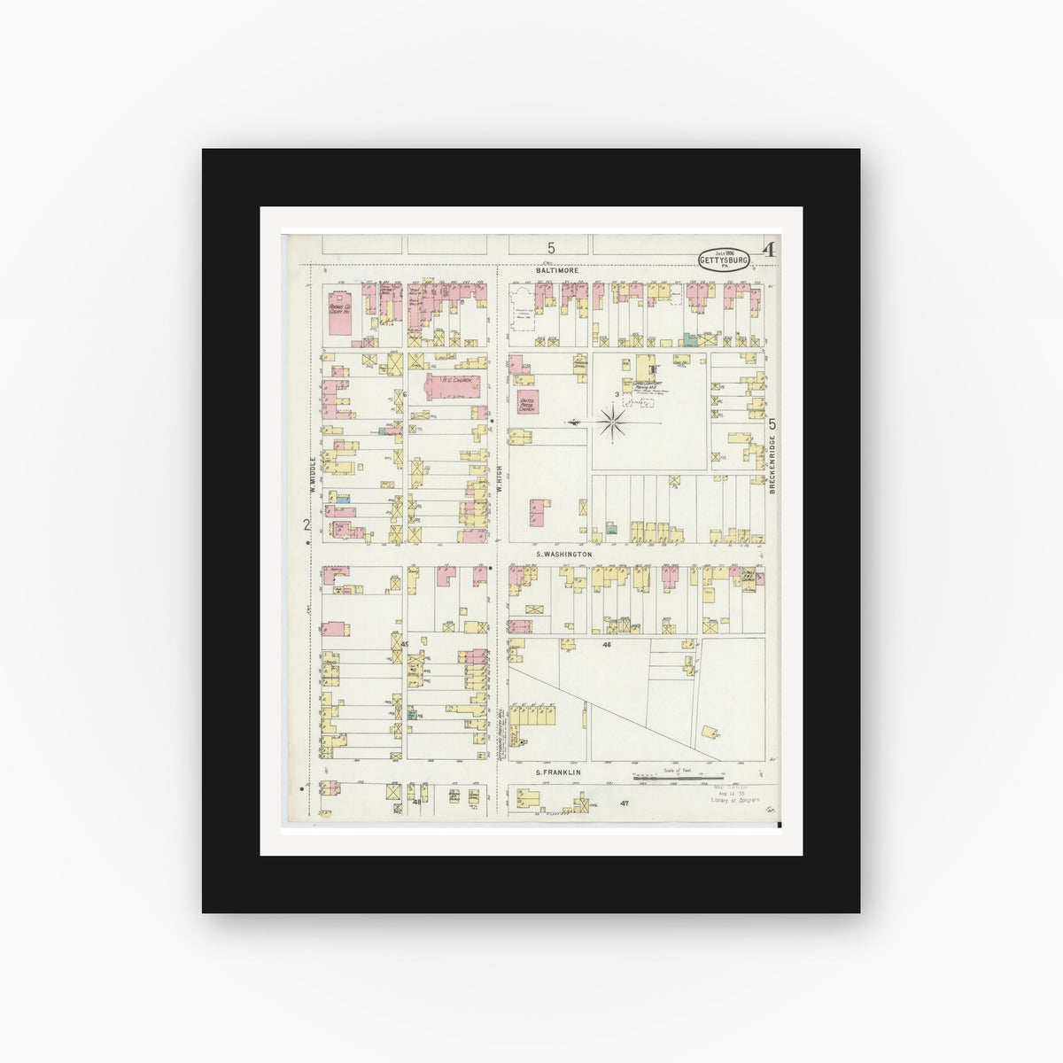 Old map wall art mockup — black gallery frame with white mat — Sanborn Fire Insurance Map from Gettysburg, Adams County, Pennsylvania (1896), Sheet #0004