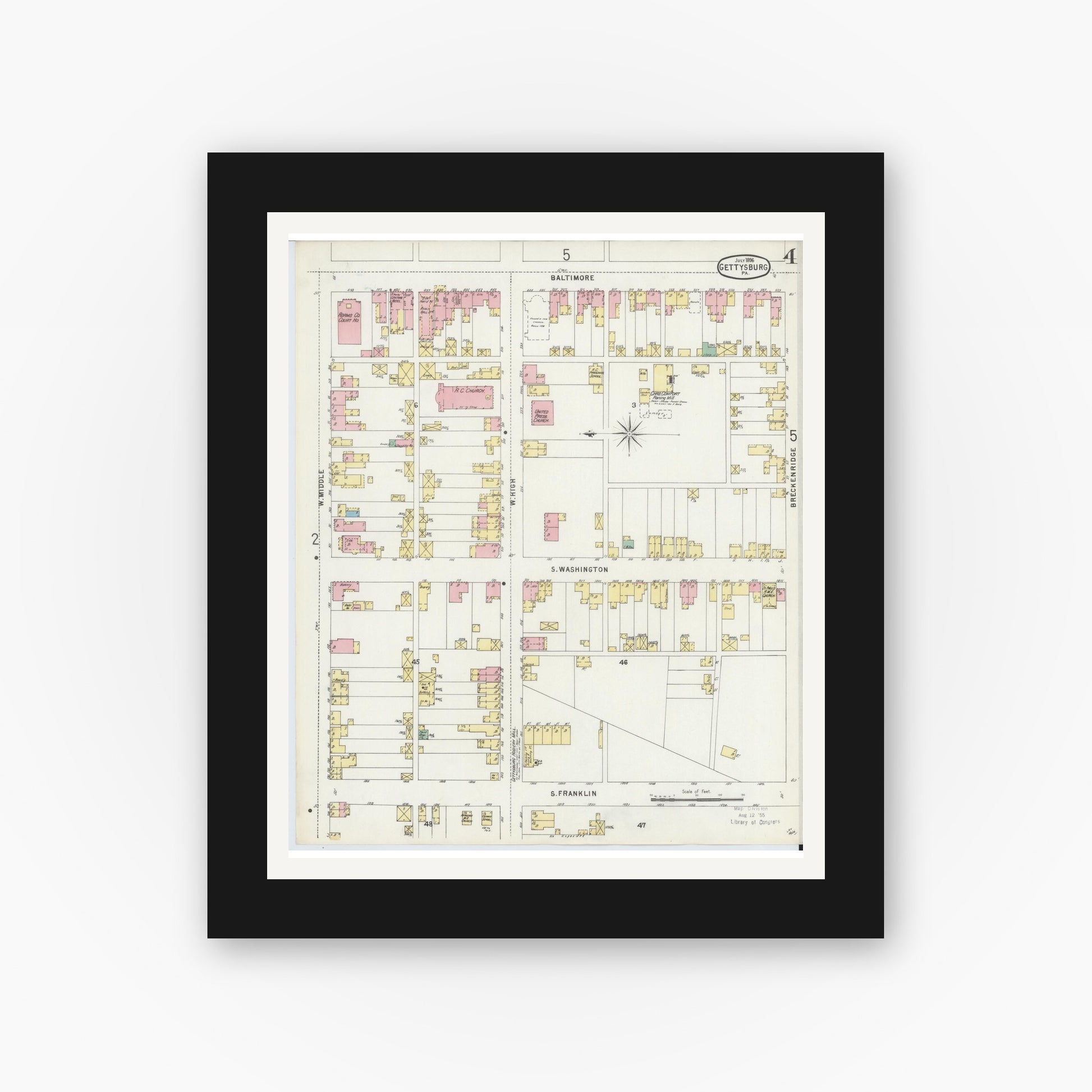 Old map wall art mockup — black gallery frame with white mat — Sanborn Fire Insurance Map from Gettysburg, Adams County, Pennsylvania (1896), Sheet #0004