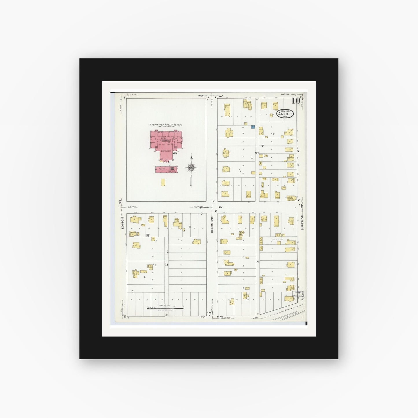Old map wall art mockup — black gallery frame with white mat — Sanborn Fire Insurance Map from Antigo, Langlade County, Wisconsin (1919), Sheet #0010