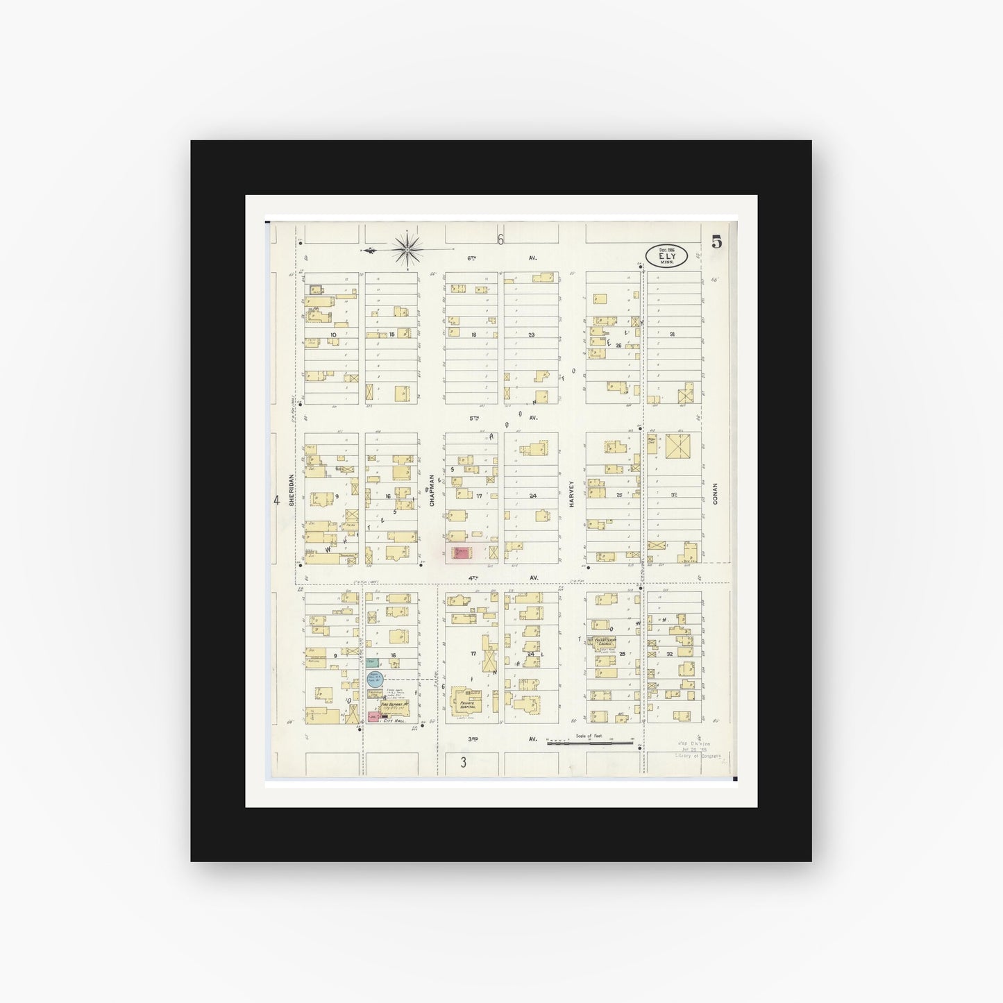 Old map wall art mockup — black gallery frame with white mat — Sanborn Fire Insurance Map from Ely, Saint Louis County, Minnesota (1906), Sheet #0005