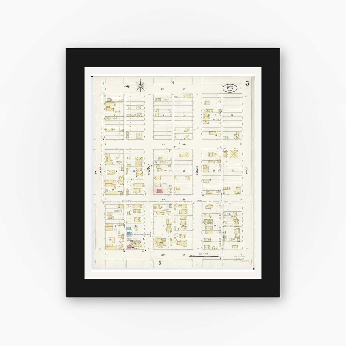 Old map wall art mockup — black gallery frame with white mat — Sanborn Fire Insurance Map from Ely, Saint Louis County, Minnesota (1906), Sheet #0005